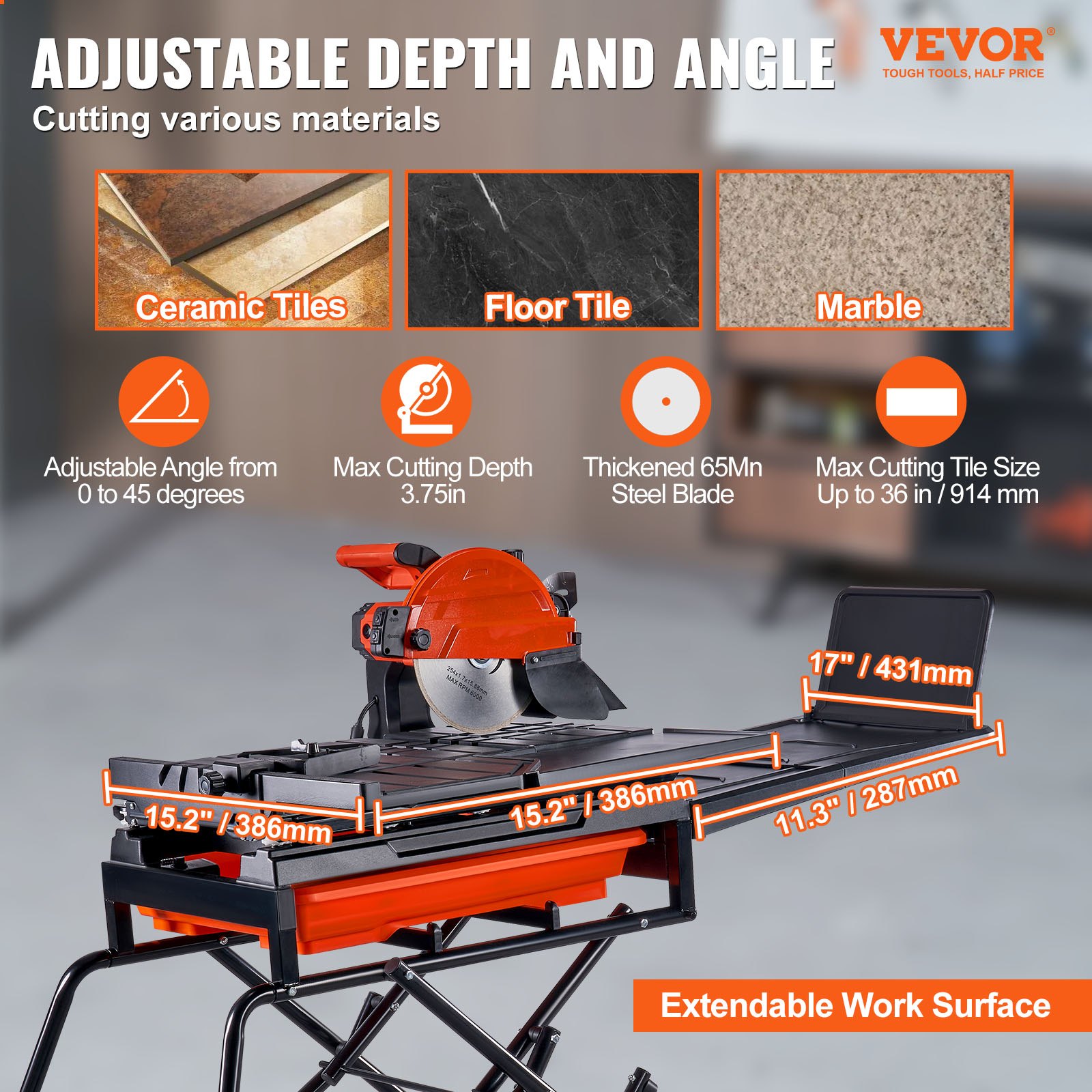 VEVOR Wet Tile Saw with Stand, 10inch 65Mn Steel Blade, 4500 RPM Motor
