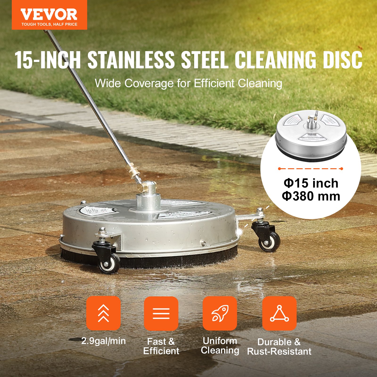 Vevor 15 Pressure Washer Surface Cleaner W Wheels Stainless Steel Concrete Cleaner 4000 Max 8639