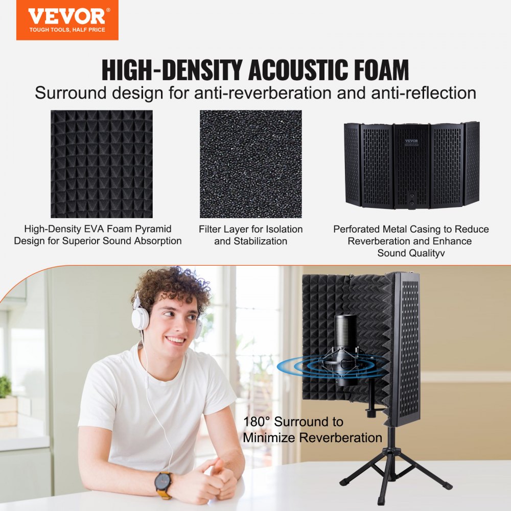 VEVOR Microphone Isolation Shield, 5-Panel, Studio Recording Mic Sound ...