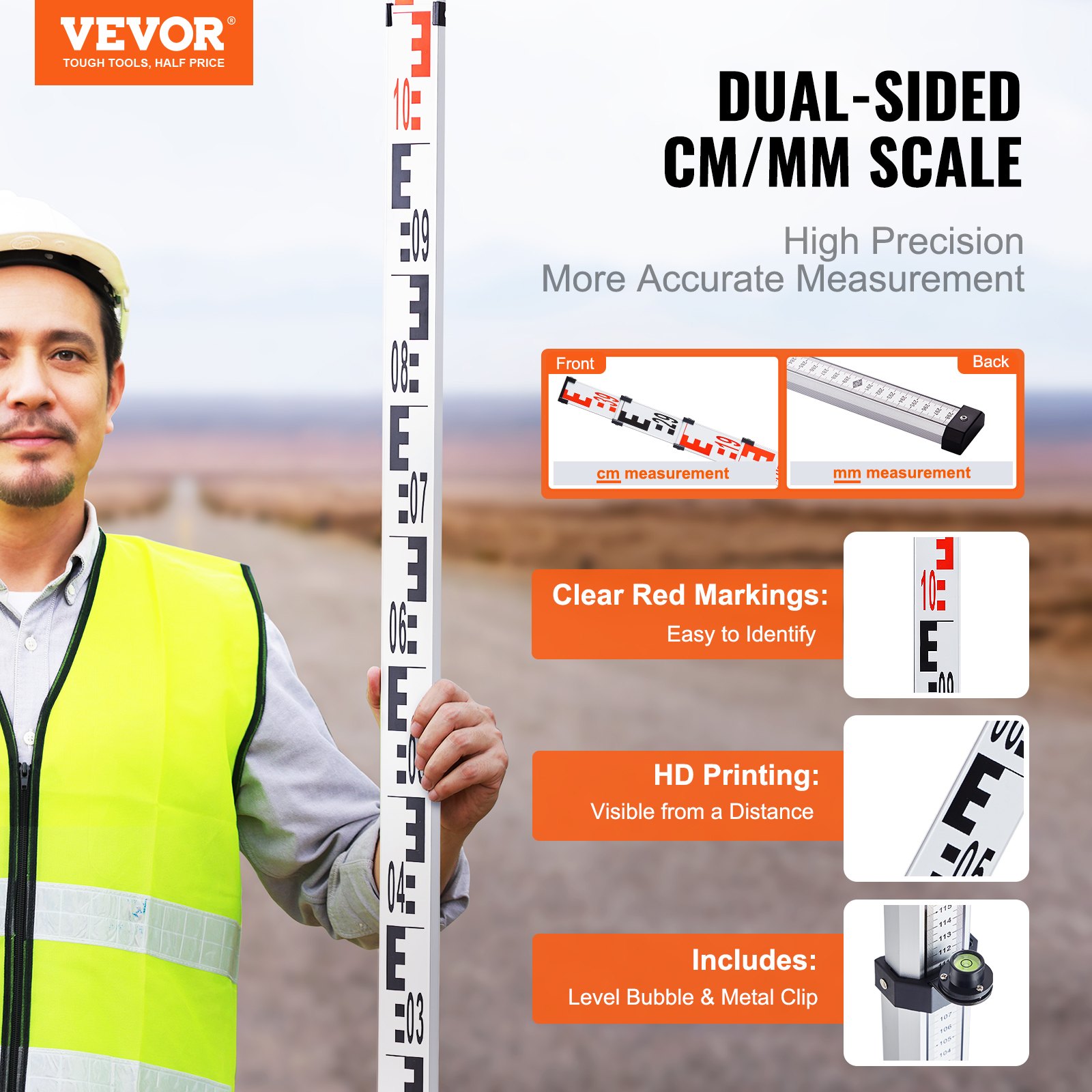 Graduating Level Rod VEVOR Aluminum Grade Rod, 4M Metric Telescopic Measuring Rod, Double ...