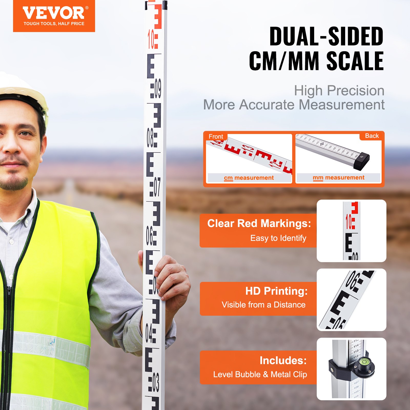 VEVOR Aluminum Grade Rod, 5M Metric Telescopic Measuring Rod, Double ...