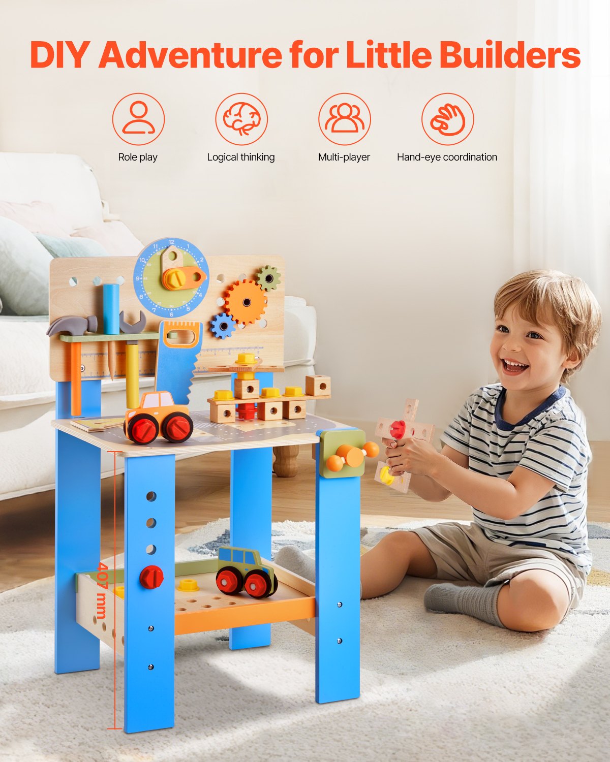 VEVOR Kids Workbench, 62 pcs, Wooden Tool Bench for Kids 3 Years and Up ...