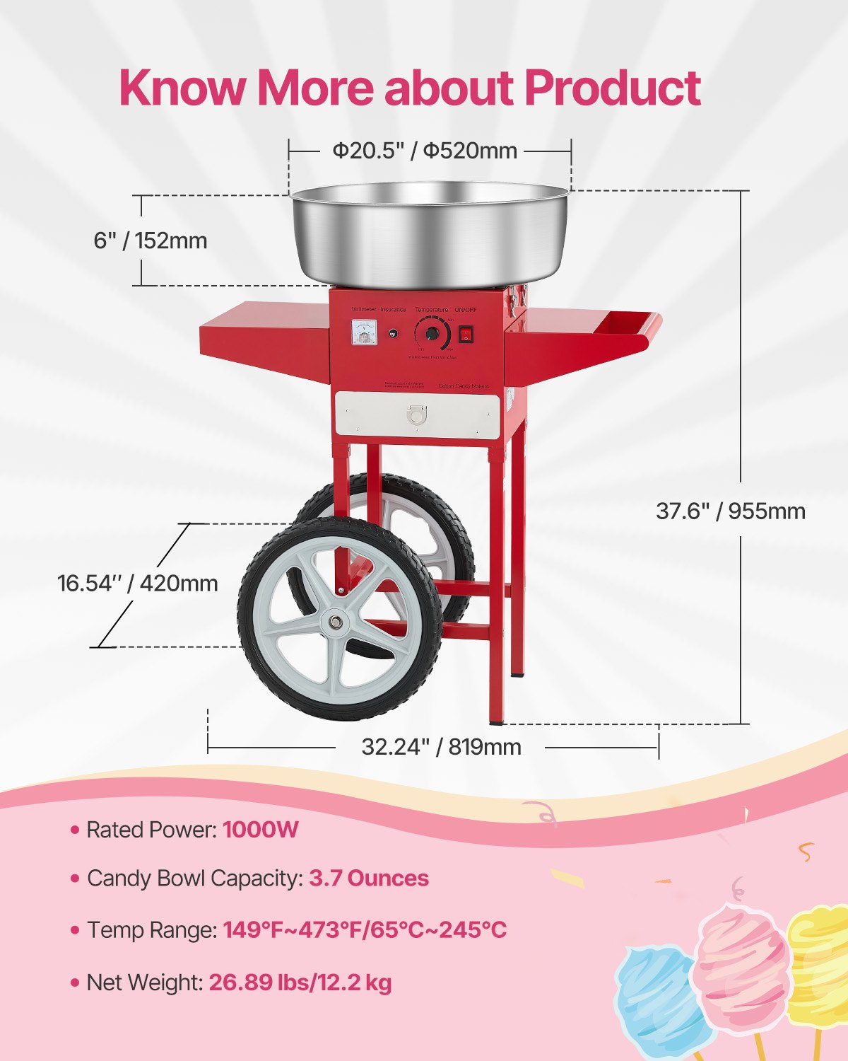 VEVOR Commercial Cotton Candy Machine with Cart – 1000W