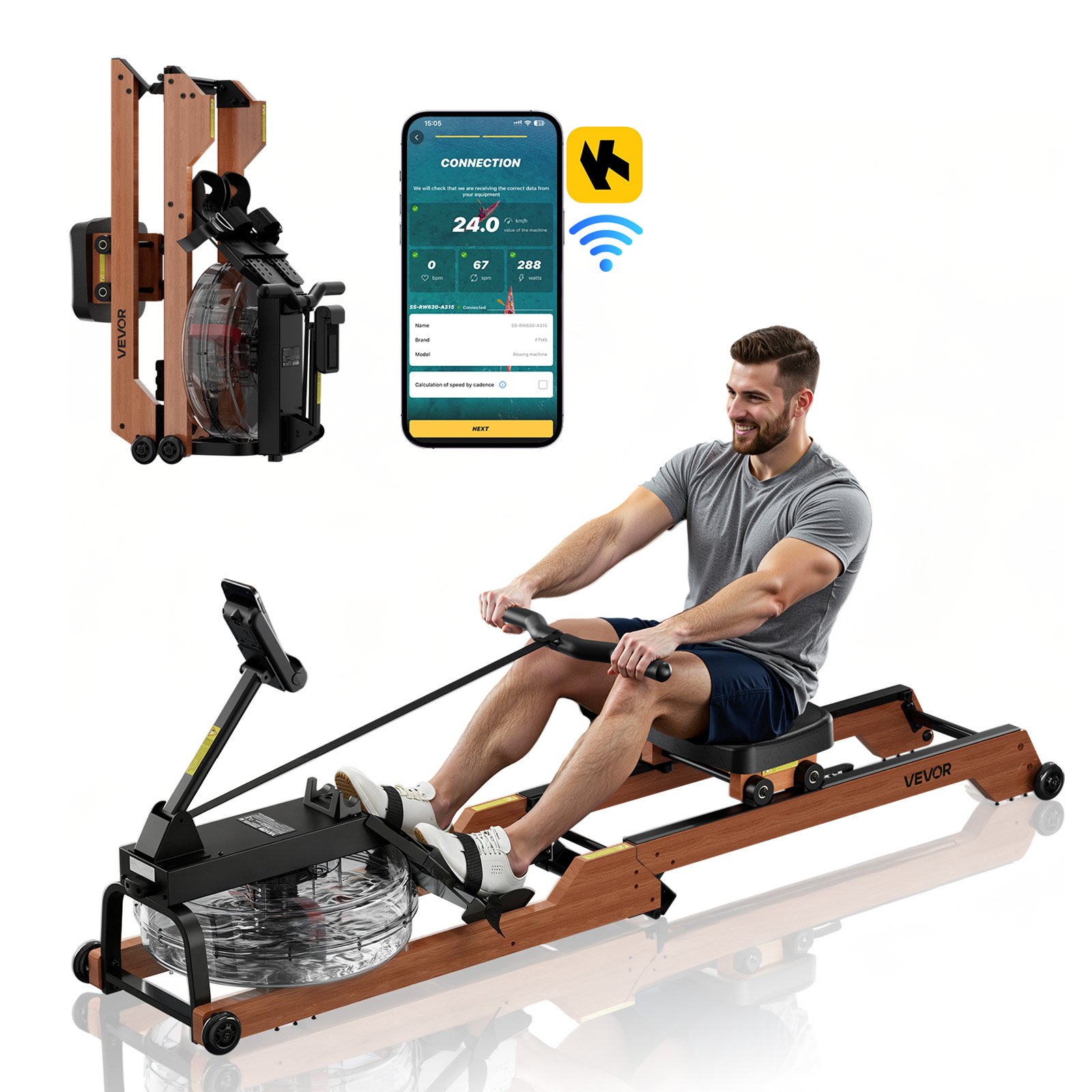 VEVOR Water Rowing Machine, 6-Level Quiet Resistance, Wooden Foldable ...