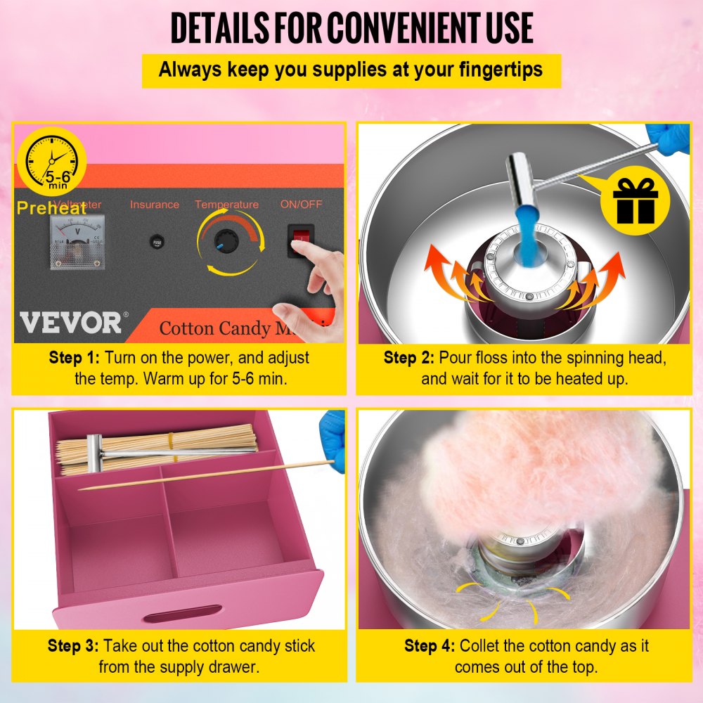 VEVOR Cotton Candy Machine Commercial with Bubble Cover Shield and Cart