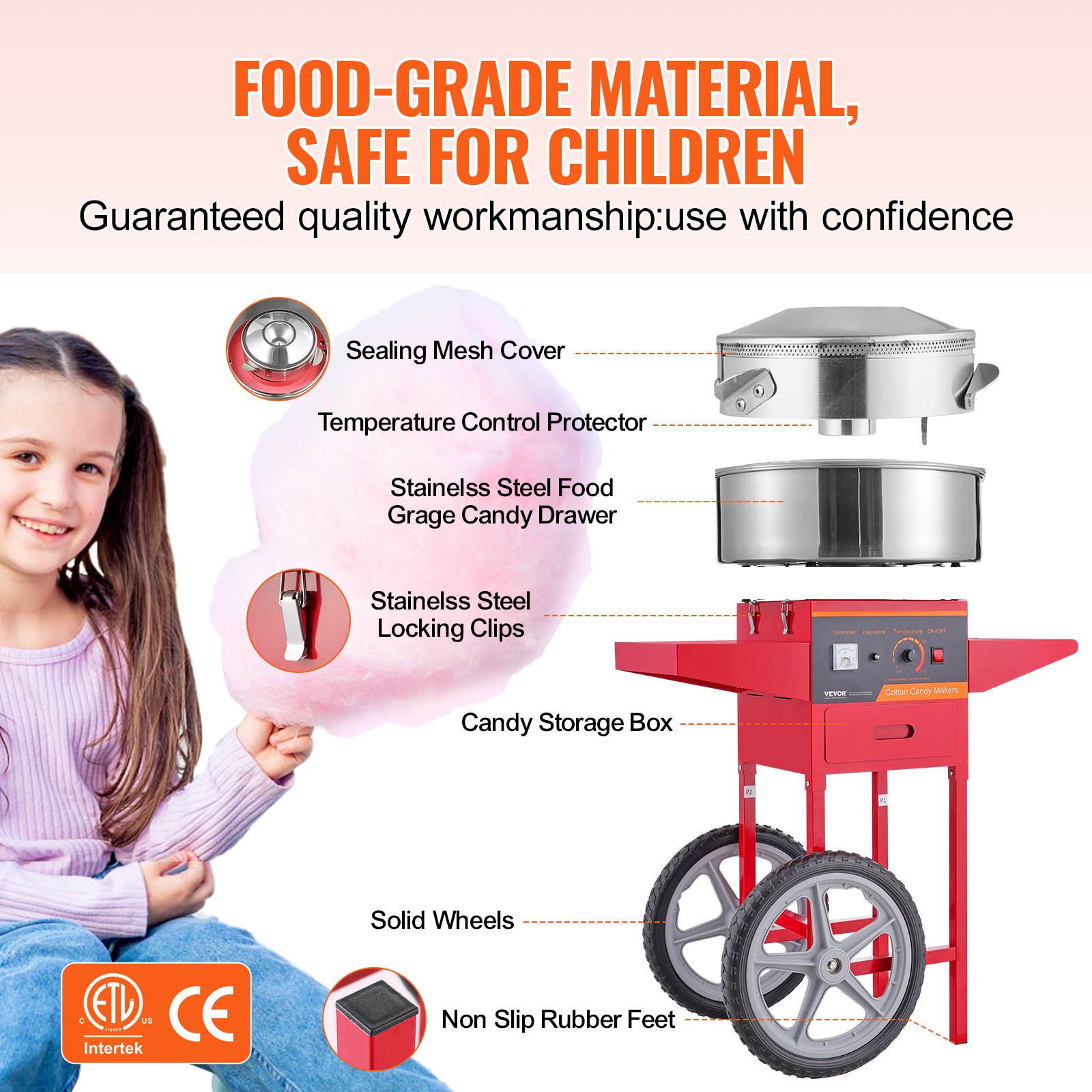 Commercial Cotton Candy Machine – 1000W, 15" Stainless Steel Bowl, Makes Floss From Sugar Or Candy, For Parties & Events (Pink)