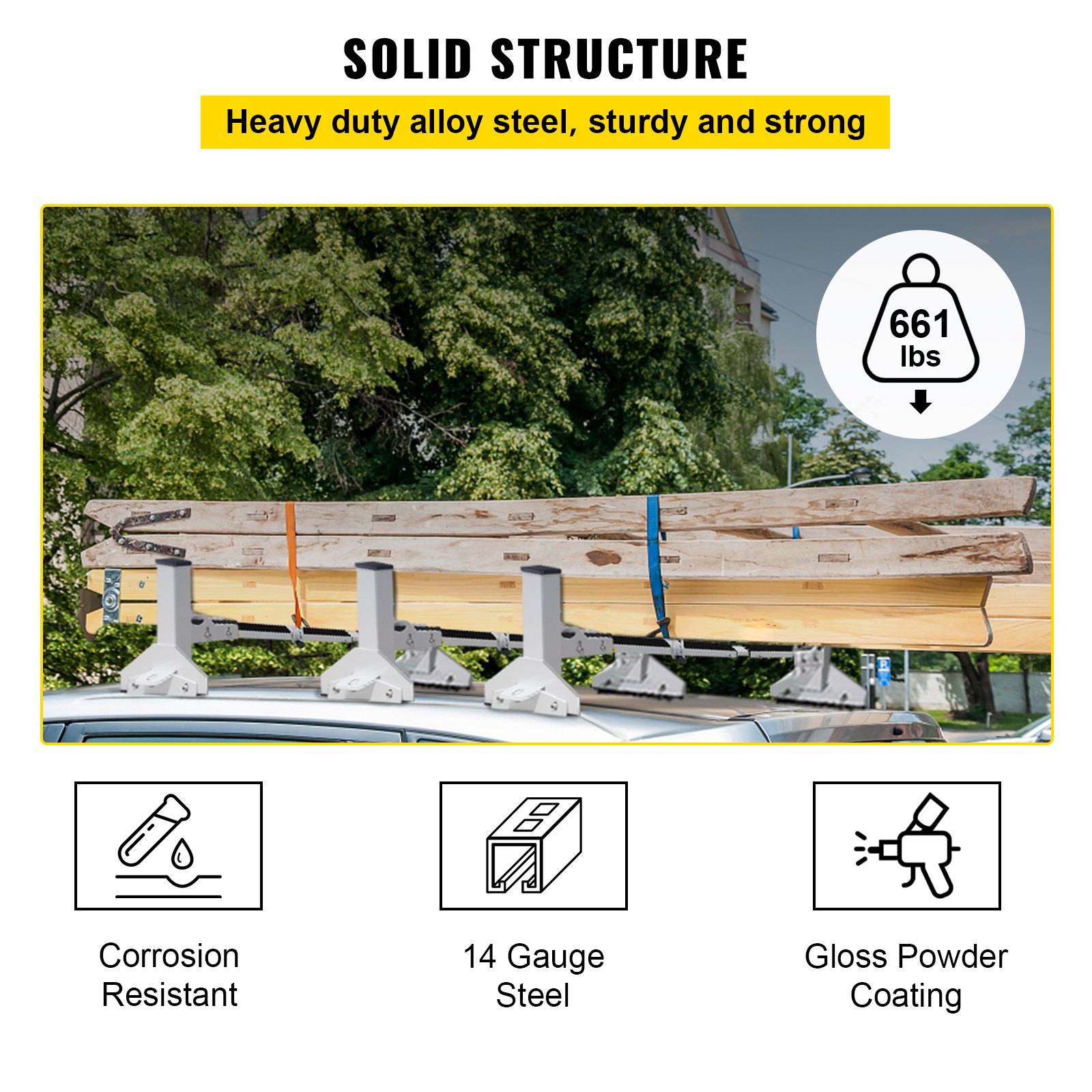 VEVOR Van Roof Ladder Rack, 3 Bars, 661 LBS Capacity, 46.9"59.1