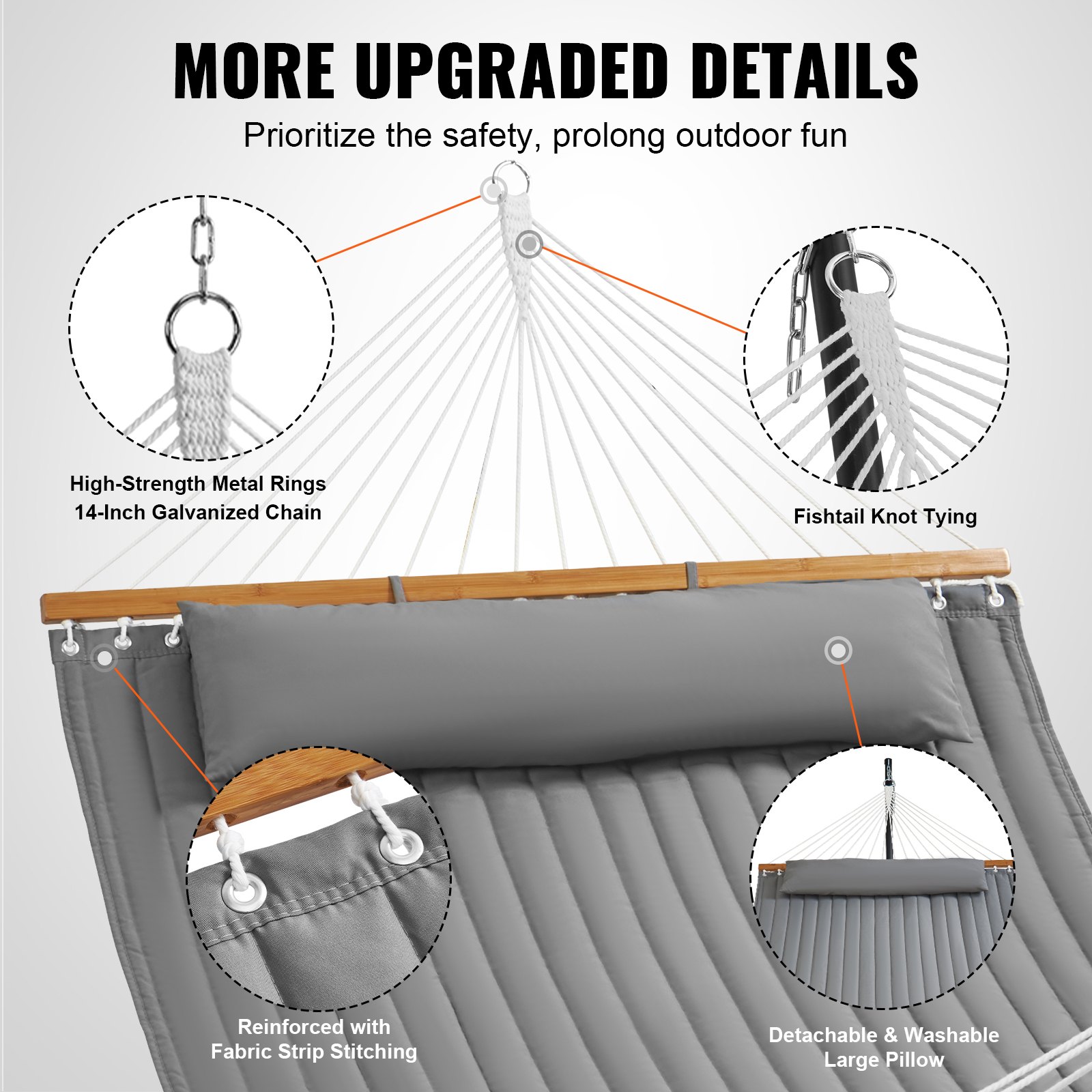 VEVOR Double Quilted Fabric Hammock, 12 FT Double Hammock with Hardwood