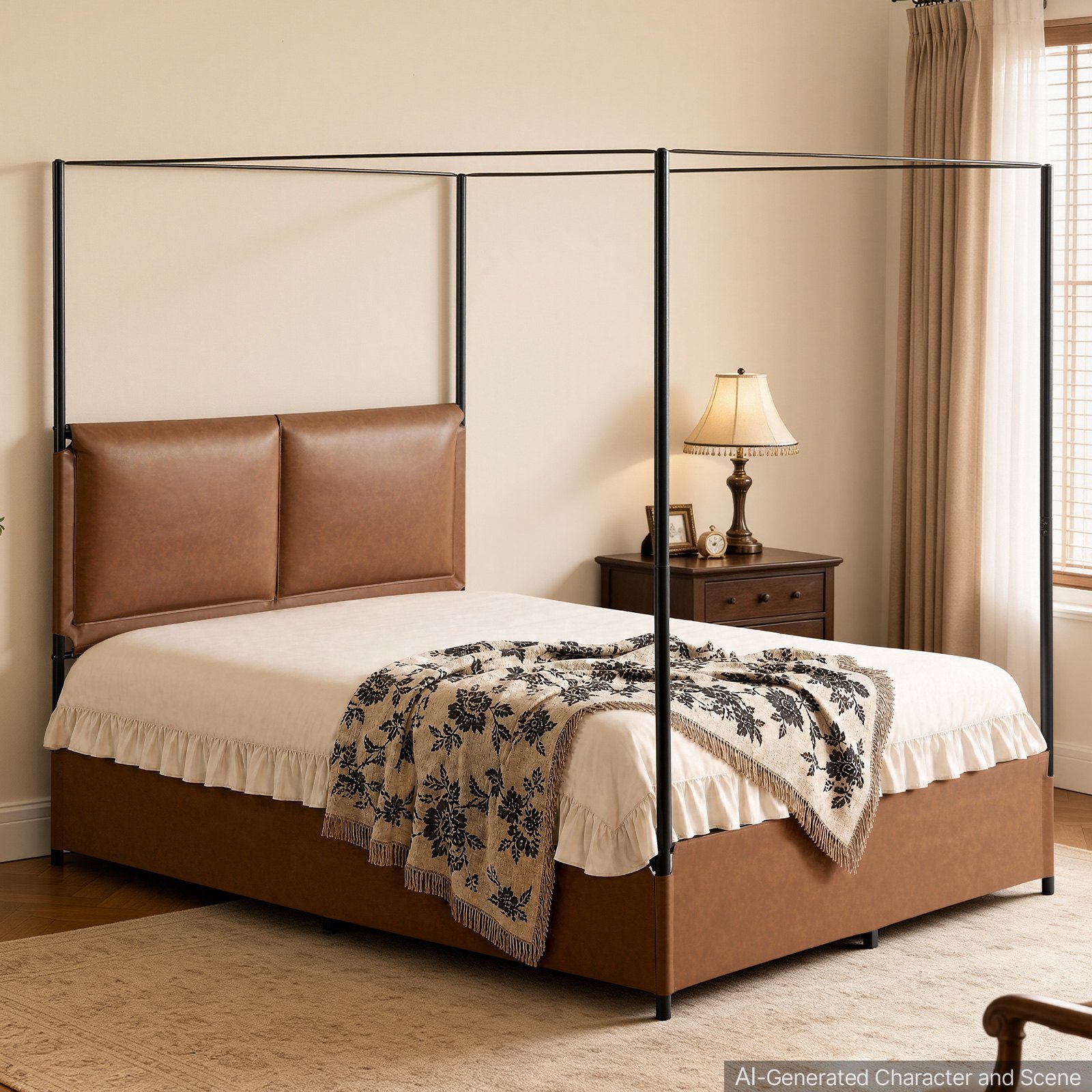 VEVOR Canopy Bed Frame Queen Size Metal Canopy Bed with Leather ...
