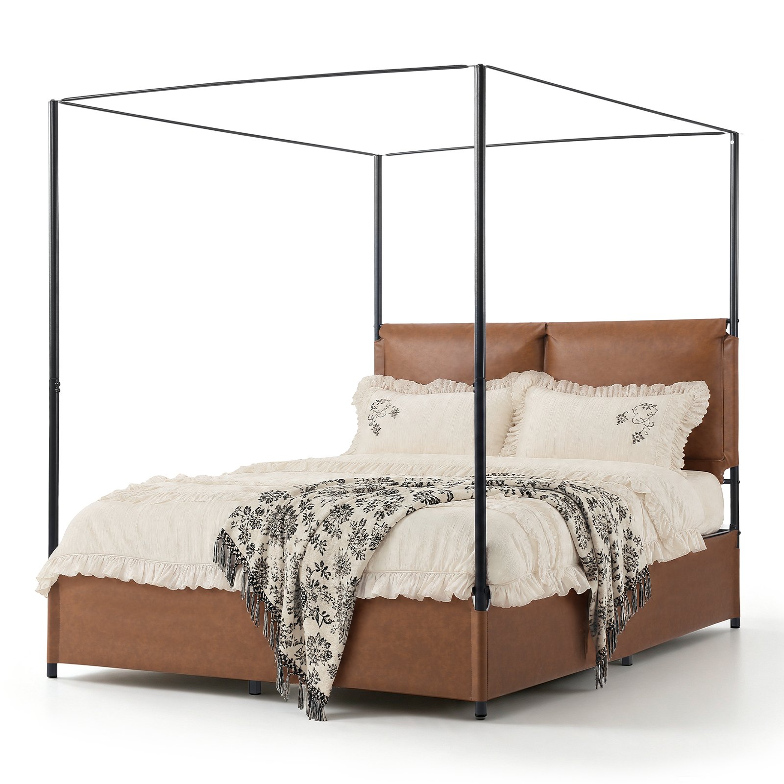 VEVOR Canopy Bed Frame Queen Size Metal Canopy Bed with Leather ...