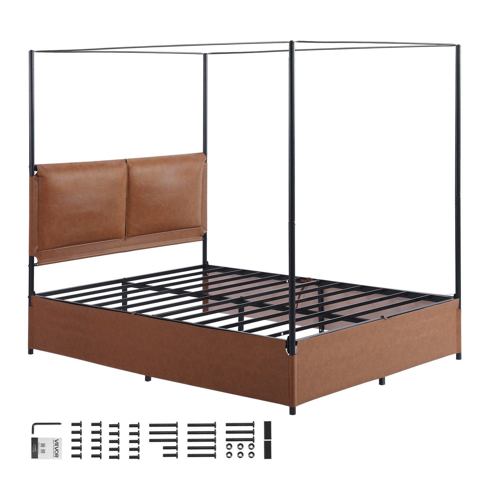 VEVOR Canopy Bed Frame Queen Size Metal Canopy Bed with Leather ...