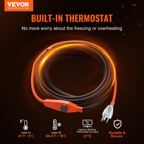 Pipe Heating Cable 60FT 7W/FT Heat Tape for Pipes with Built