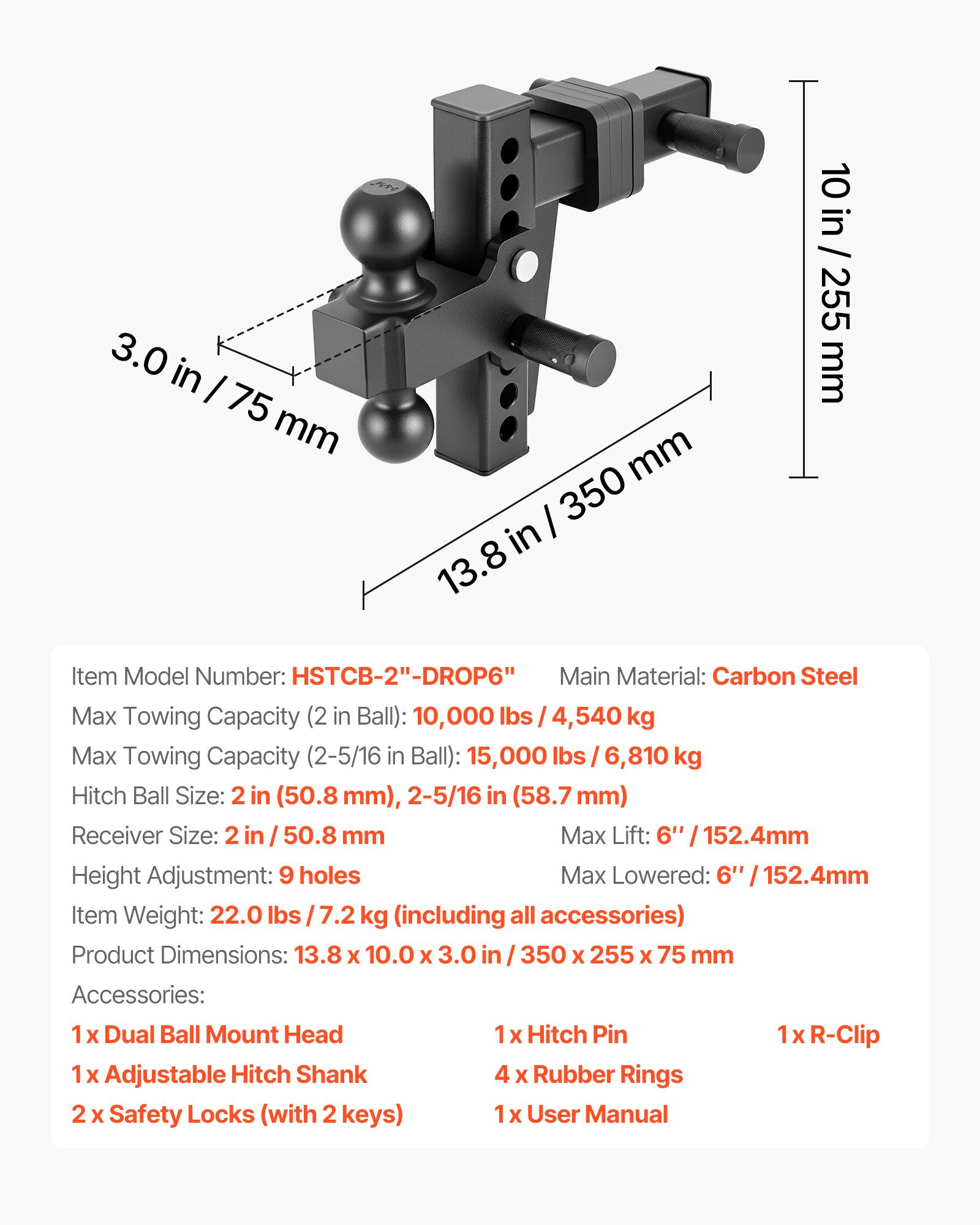 VEVOR Adjustable Trailer Hitch, Fit 2 Inch Receiver, Trailer Hitch ...