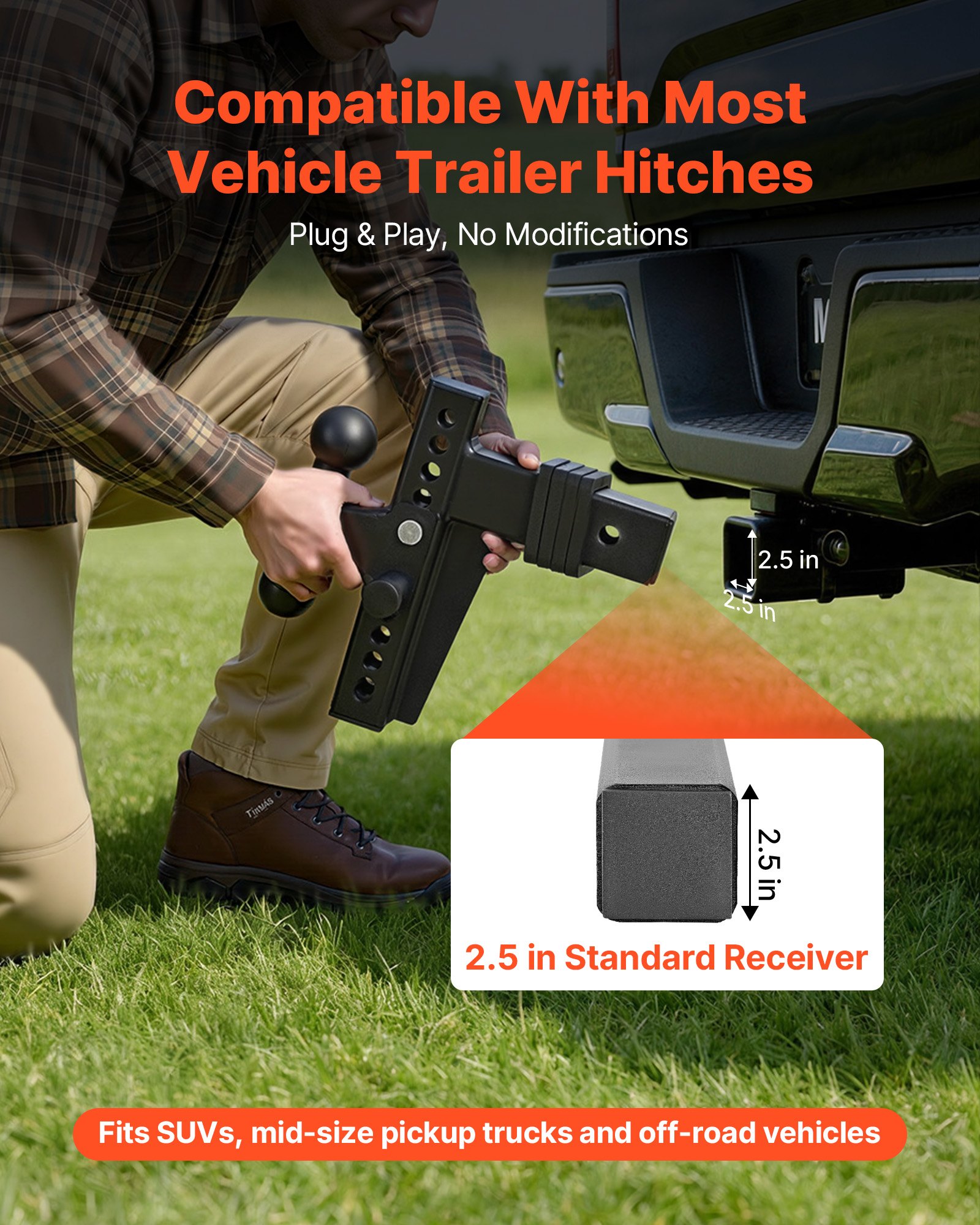 VEVOR Adjustable Trailer Hitch, Fit 2.5 Inch Receiver, Trailer Hitch ...
