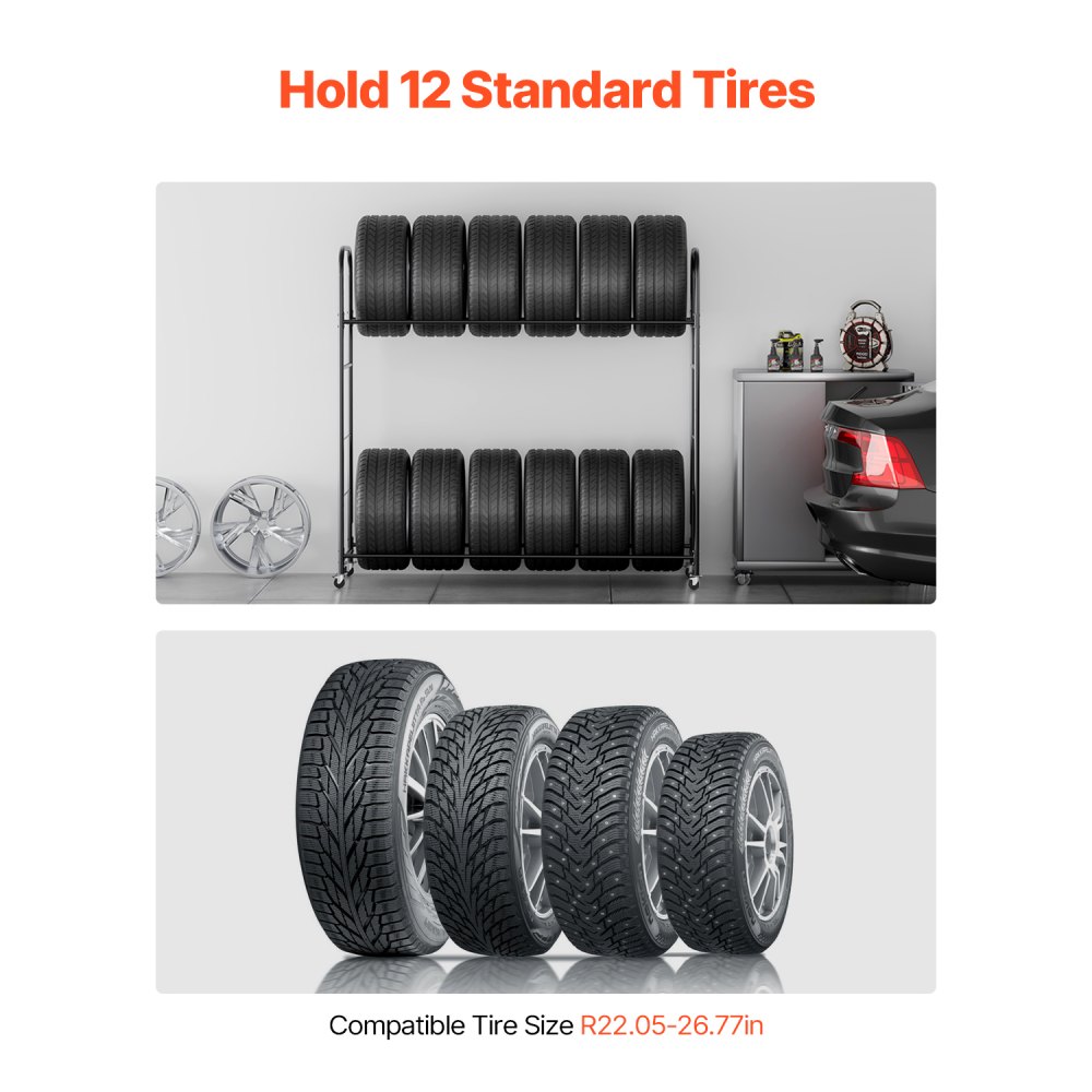 Rolling Tire Storage Rack 2-Shelf Tire Holder Hold up to 12 Standard ...