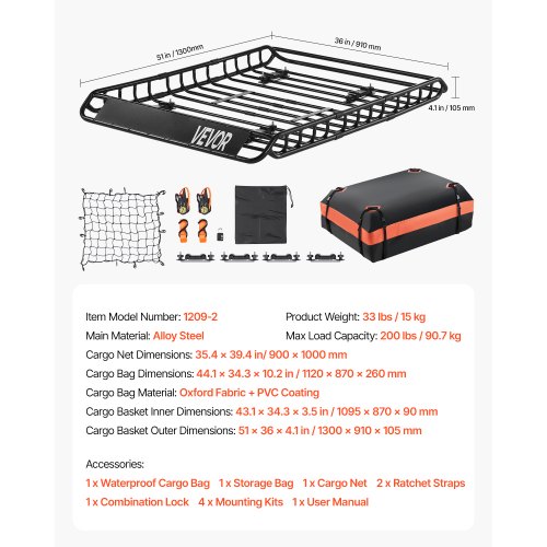 Universal Roof Rack Cargo Carrier Basket 51x36x4.1 in Car Top Luggage ...