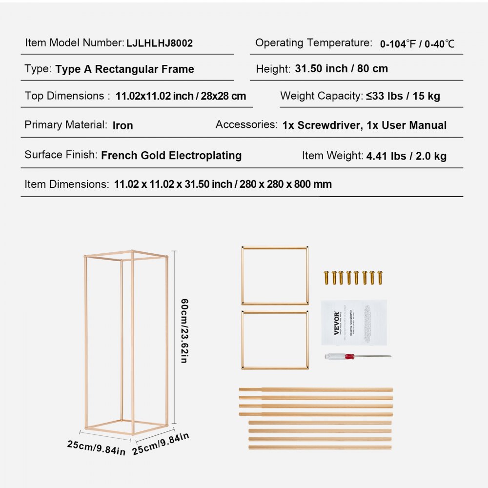 2 ks 31,5 palce/80 cm vysoký svatební květinový stojan, kovový sloupový stojan na vázu s geometrickým ústředním prvkem, zlatý obdélníkový květinový stojan pro T-fázové akce, recepci, párty dekorace domů - miniatura 7