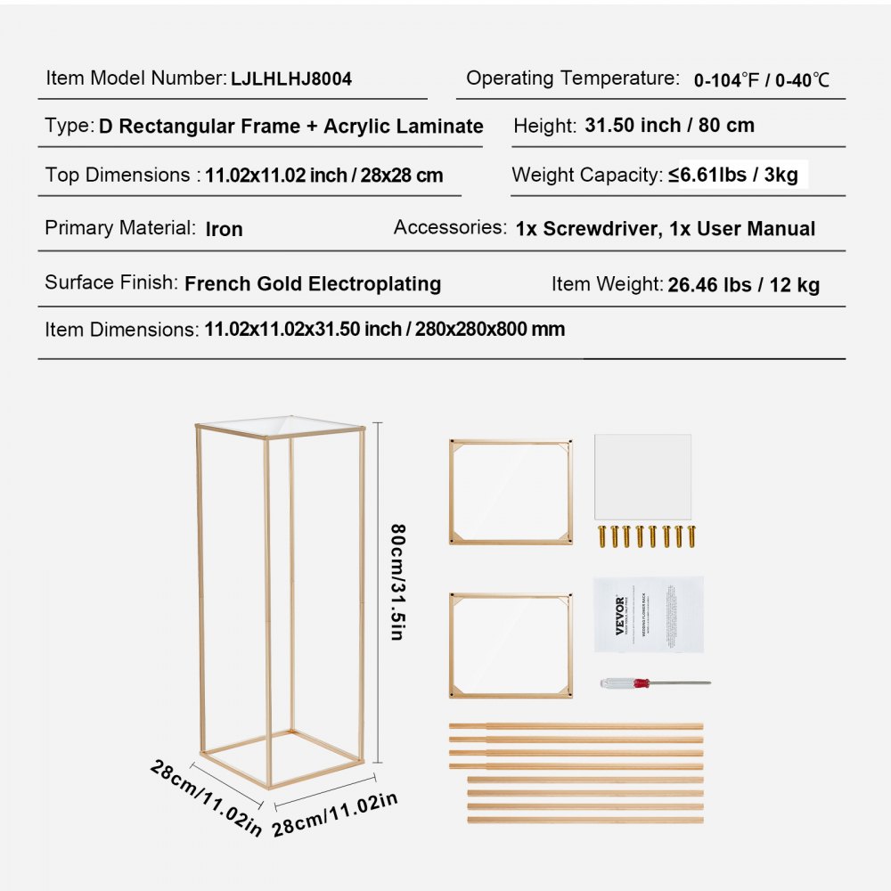 10 ks svatební květinový stojan o výšce 31,5 palce/80 cm, s akrylovým laminátem, kovový sloup s geometrickým ústředním prvkem, zlatý obdélníkový květinový stojan pro akce, recepci, párty dekorace - miniatura 7