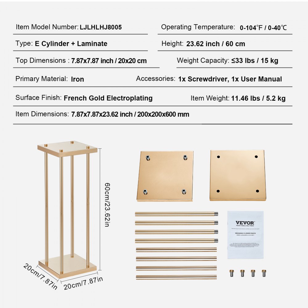 4KS Zlatý kovový sloupový svatební květinový stojan, výška 23,6 palce / 60 cm s kovovým laminátem, váza s geometrickým středovým prvkem, válcový květinový stojan pro akce, recepci, párty a večírky - miniatura 7