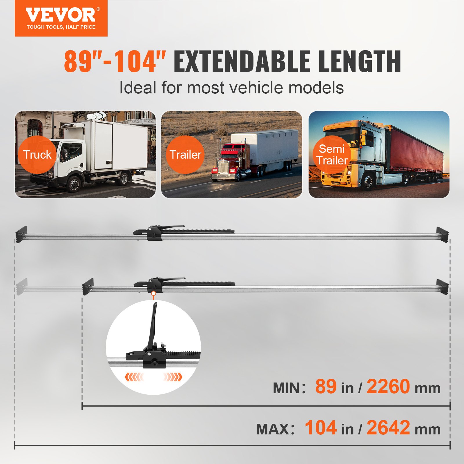 VEVOR Cargo Bar, Ratcheting Cargo Bar Adjustable from 89" to 104