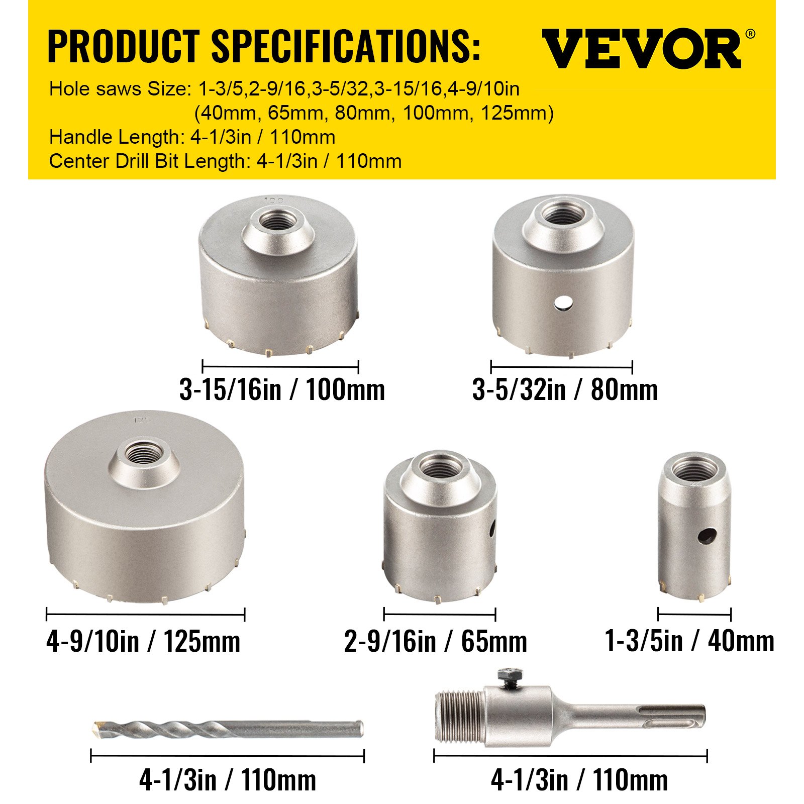 VEVOR Concrete Hole Saw Kit, 13/5", 29/16", 35/32", 315/16", 49/10