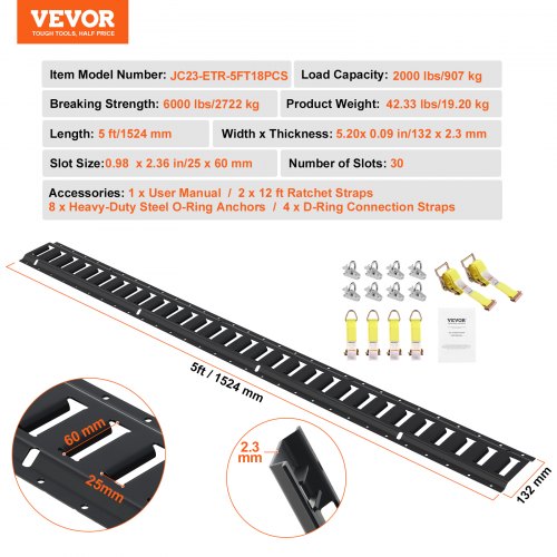 VEVOR E Track Tie-Down Rail Kit, 18PCS 5' E-Tracks Set Includes 4 Steel ...
