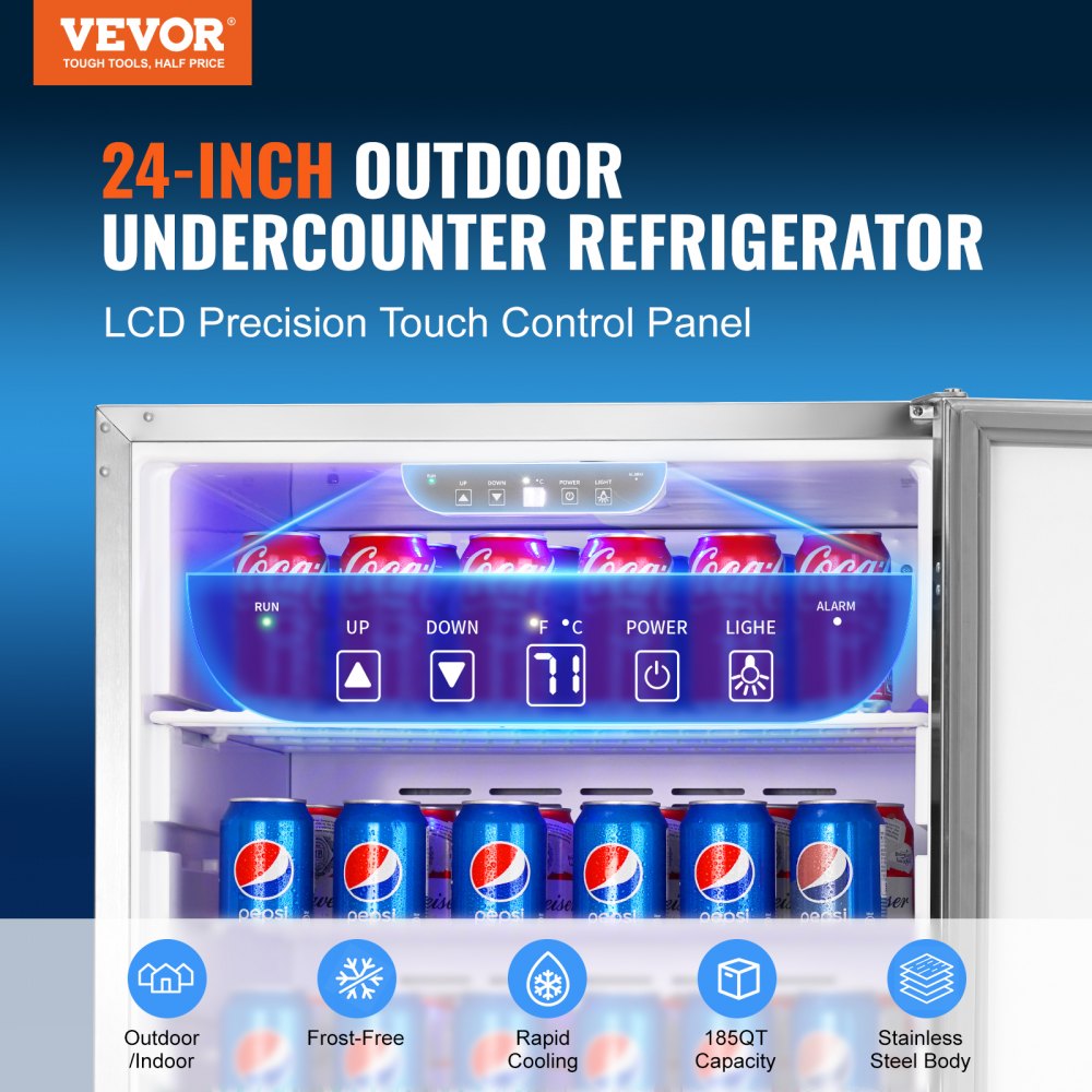 VEVOR 24 inch Indoor/Outdoor Beverage Refrigerator, 185QT Undercounter or  Freestanding Beverage Fridge, 175 Cans Built-in Beer Fridge with Stainless  