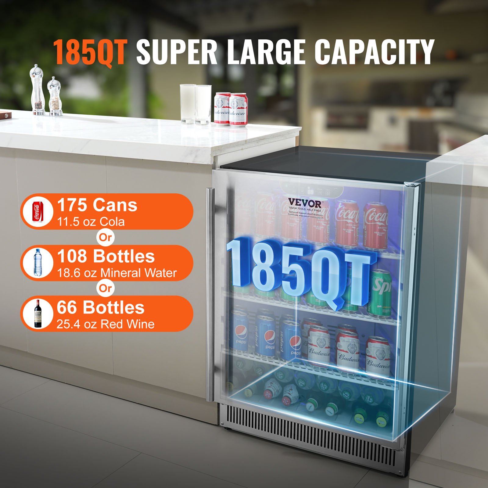 24" Beverage Refrigerator, 154 Cans Under Counter Built-in Or