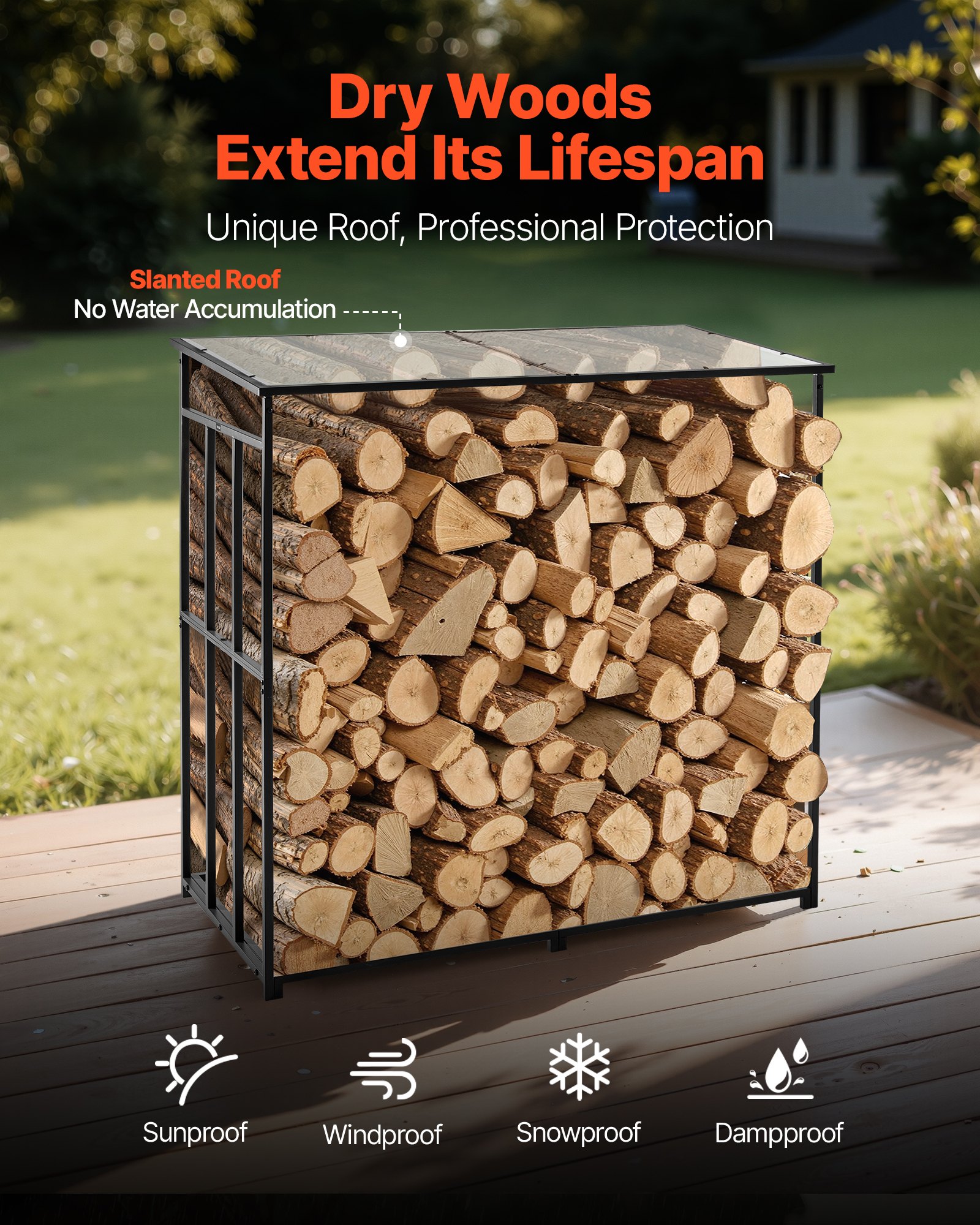VEVOR Firewood Rack with Sloped Roof, 1.85m Outdoor Firewood Holder, 1/ ...