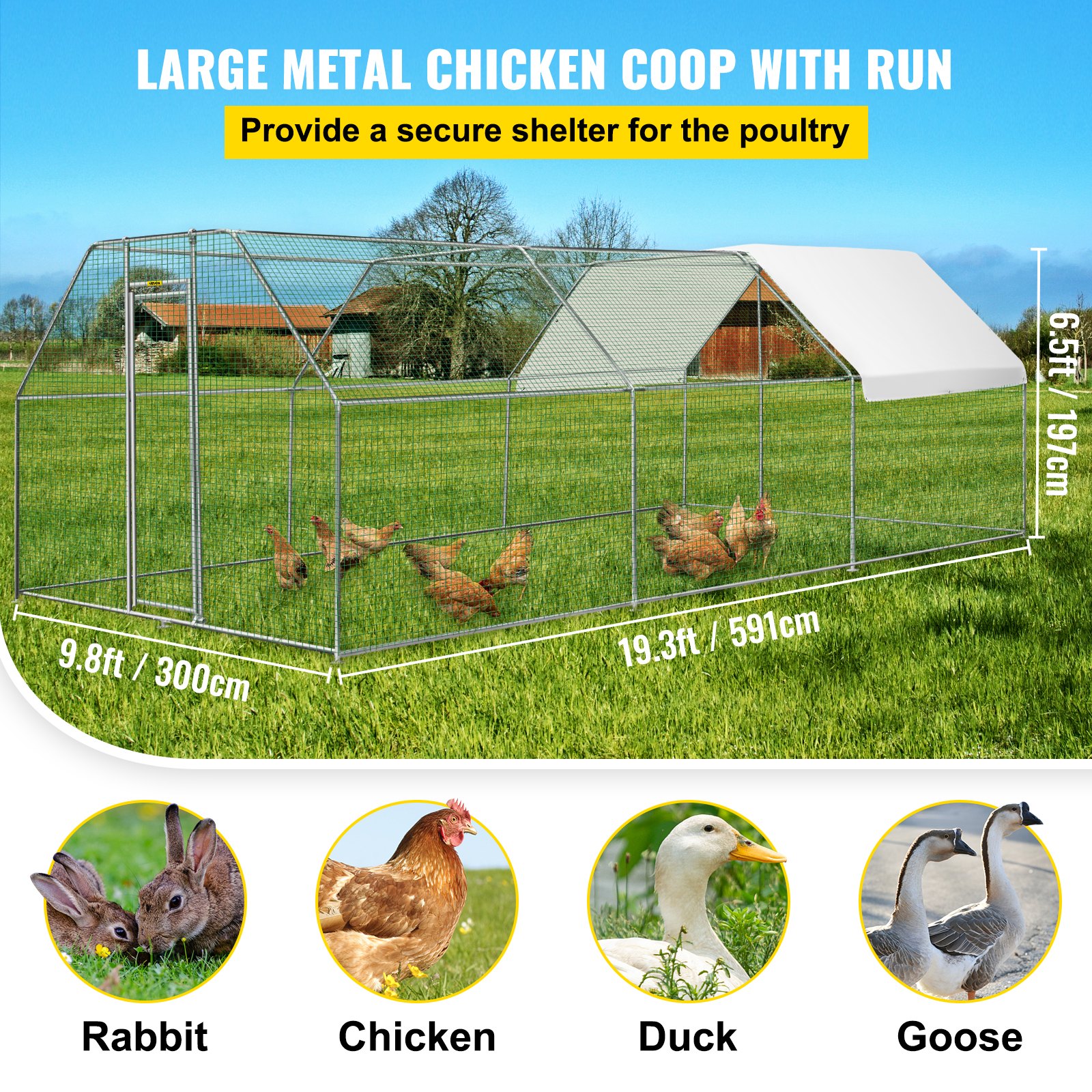 VEVOR Large Metal Chicken Coop with Run, Walk in Chicken Run for Yard ...