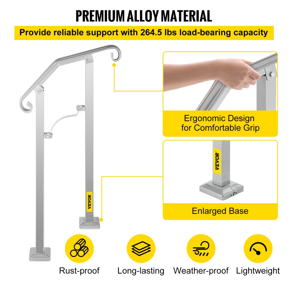 Vevor Outdoor Stair Railing Fit 1 Or 2 Steps Alloy Metal Handrailing Front Porch Flexible