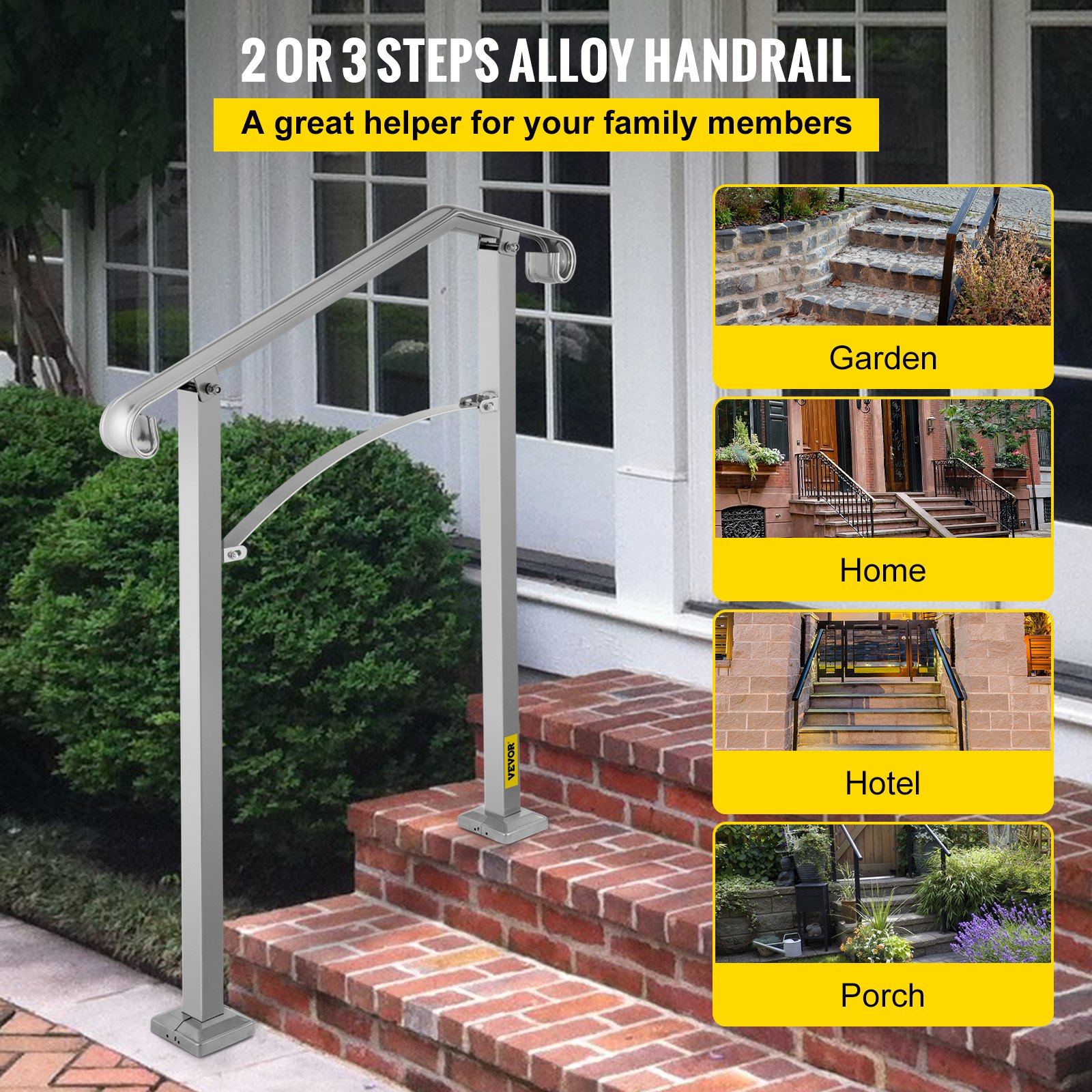 VEVOR Outdoor Stair Railing, Fit 2 or 3 Steps Alloy Metal Handrailing ...