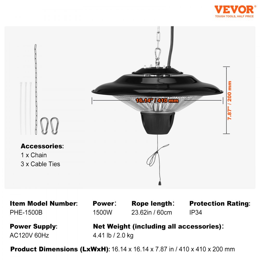 VEVOR Hanging Patio Heater, 1500W Outdoor/Indoor Electric Space ...