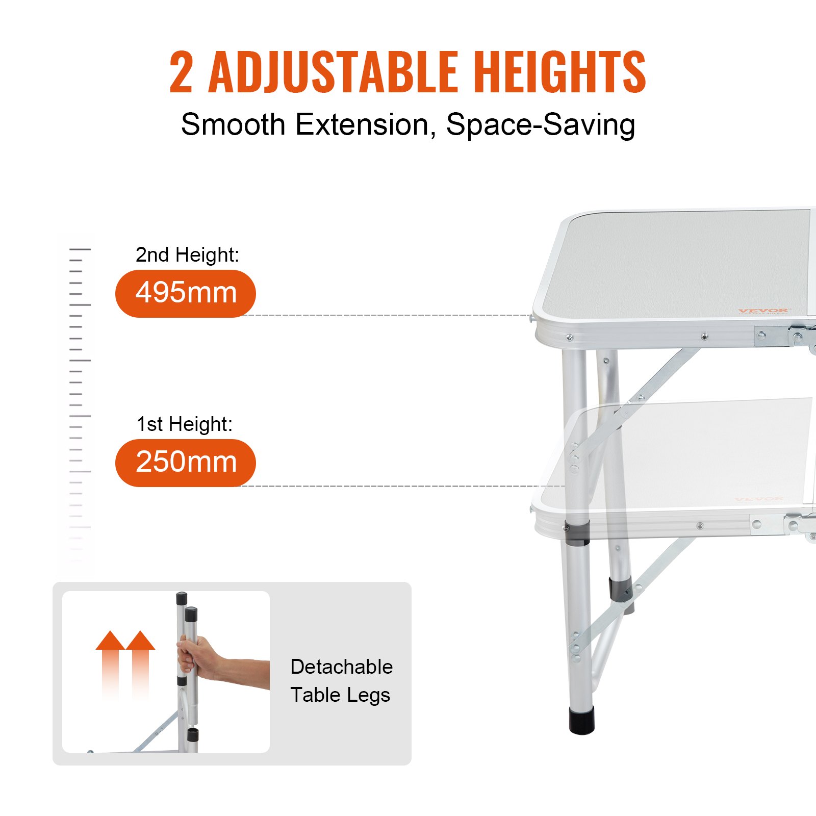 VEVOR Folding Camping Table, Adjustable Height Outdoor Portable Side ...