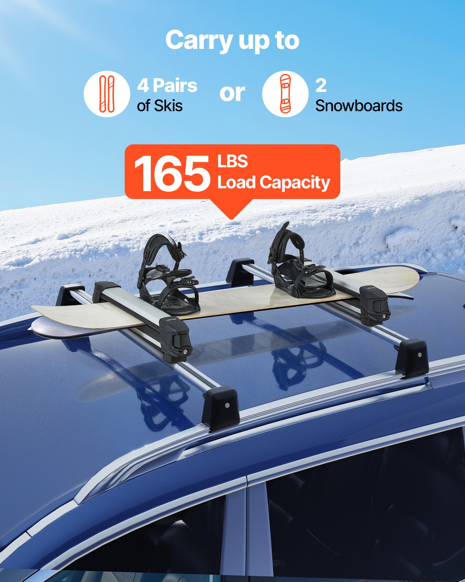 VEVOR Ski & Snowboard Roof Rack, Carry up to 4 Pairs of Skis or 2 ...