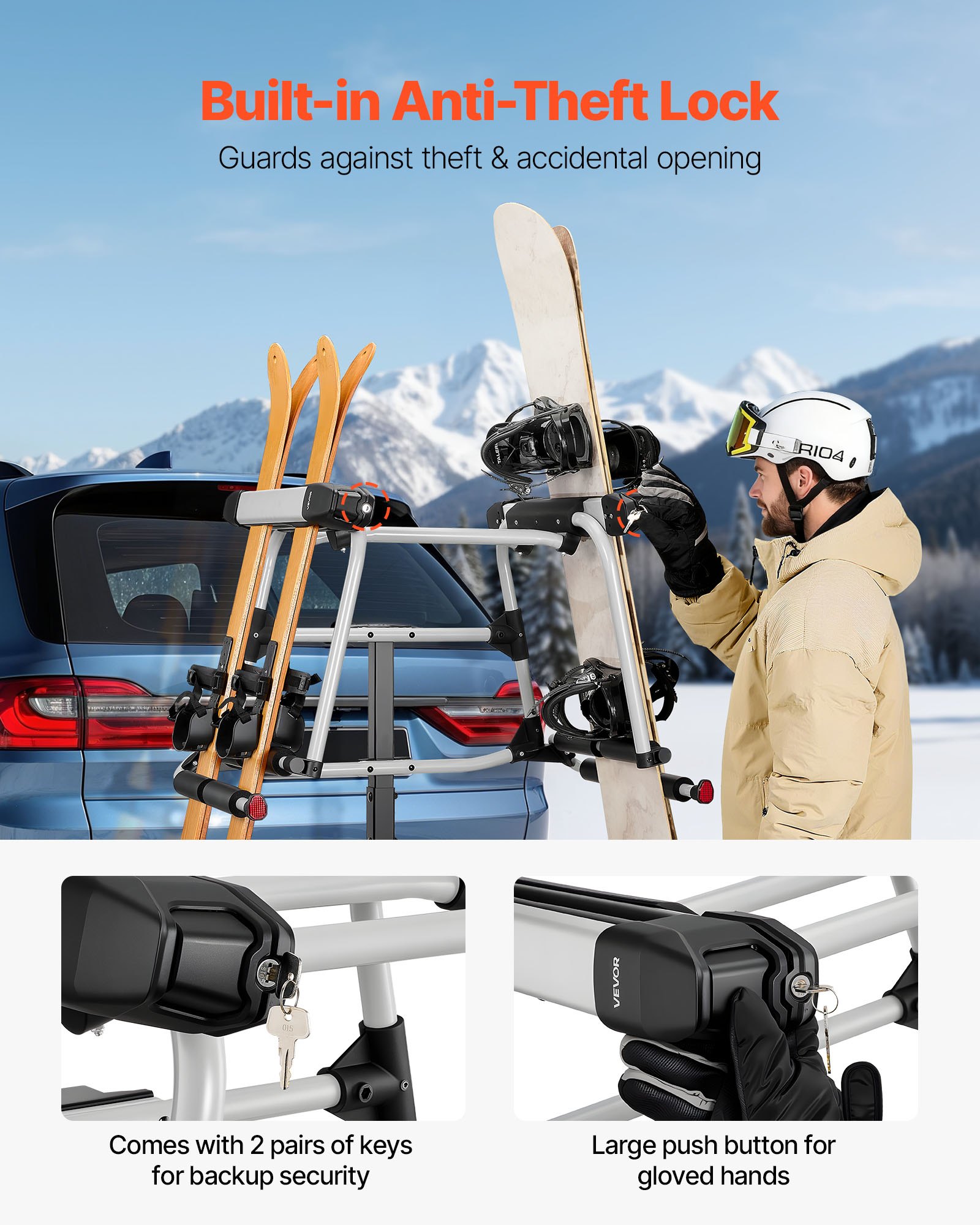 VEVOR Hitch Mounted Ski & Snowboard Rack, Fits 50 mm Receiver, Carries ...