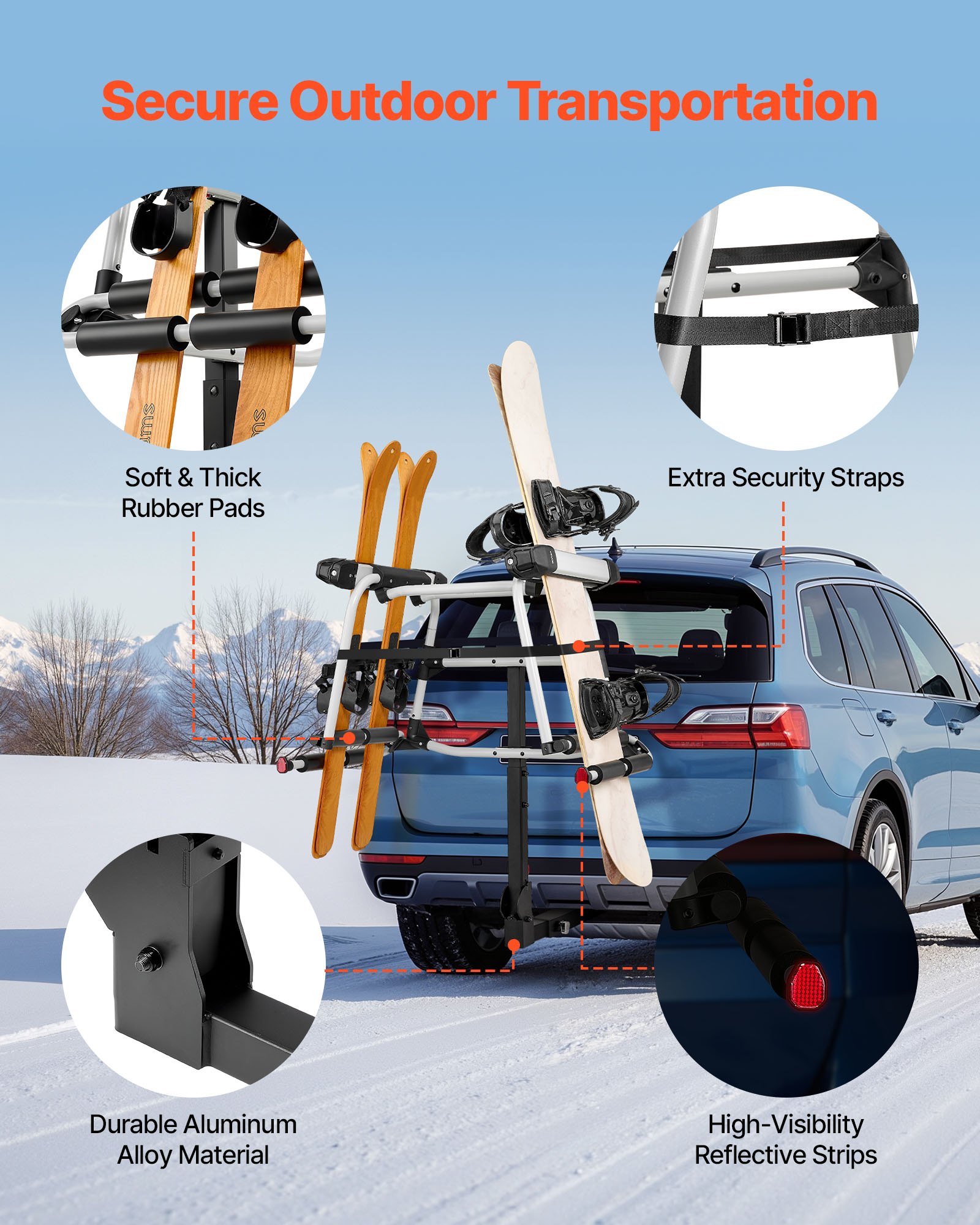 VEVOR Hitch Mounted Ski & Snowboard Rack, Fits 50 mm Receiver, Carries ...