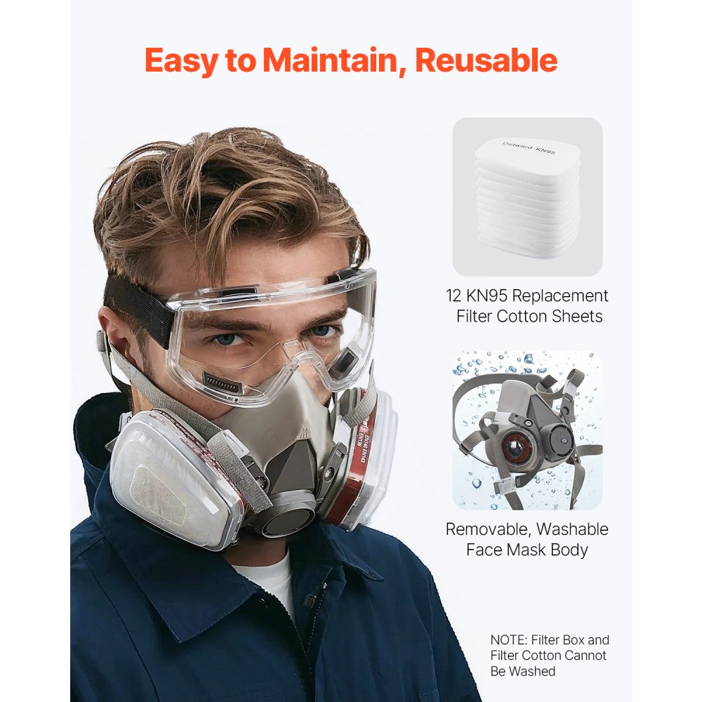 VEVOR Half Respirator Mask – Dual Filters, 12 KN95 Inserts
