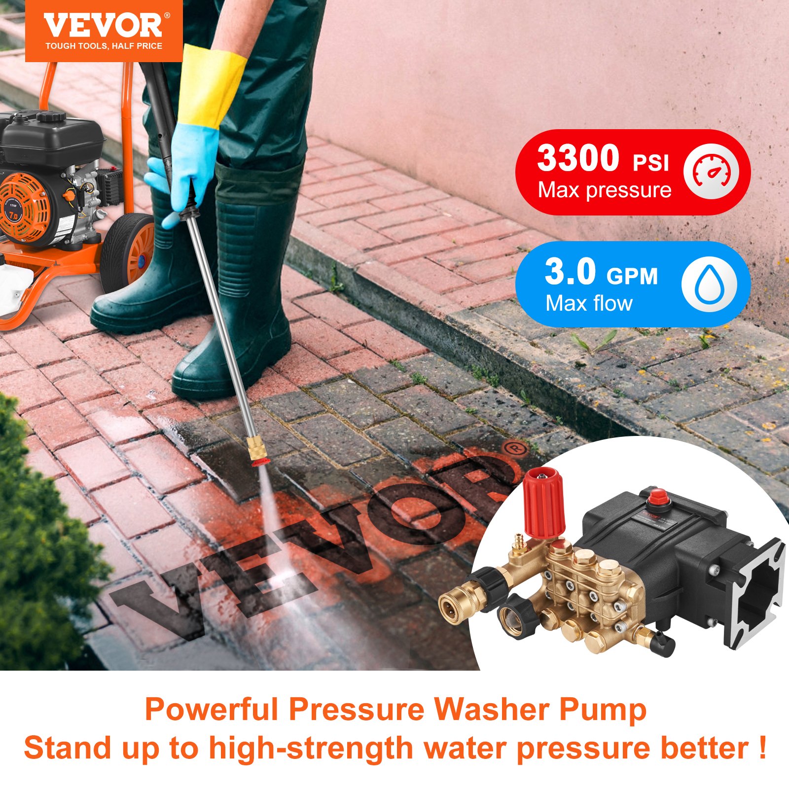 VEVOR Pressure Washer Pump, 3/4" Shaft Horizontal Triplex Plunger, 3700