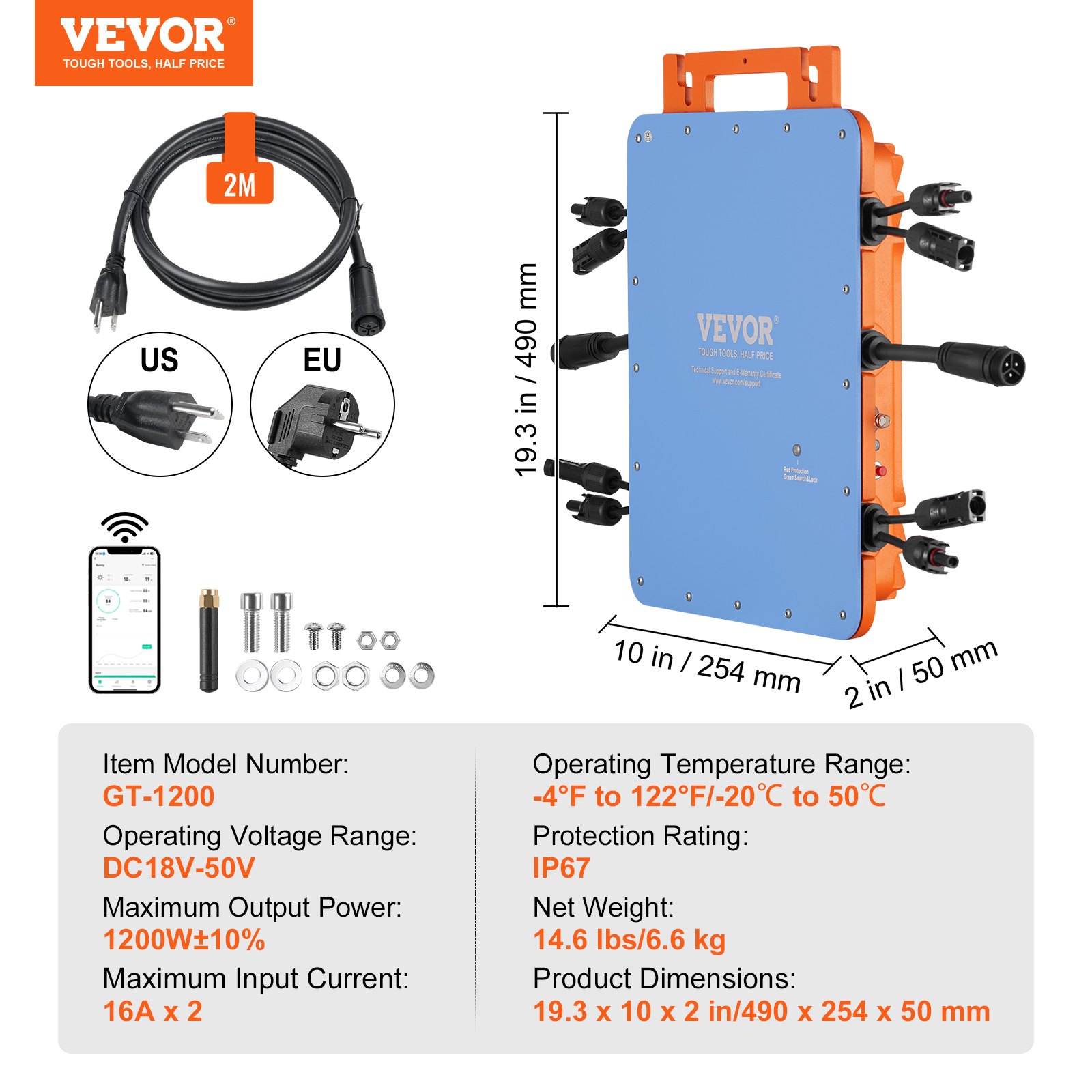 VEVOR Solar Grid Tie Micro Inverter 1200W Waterproof IP67 Solar Micro ...