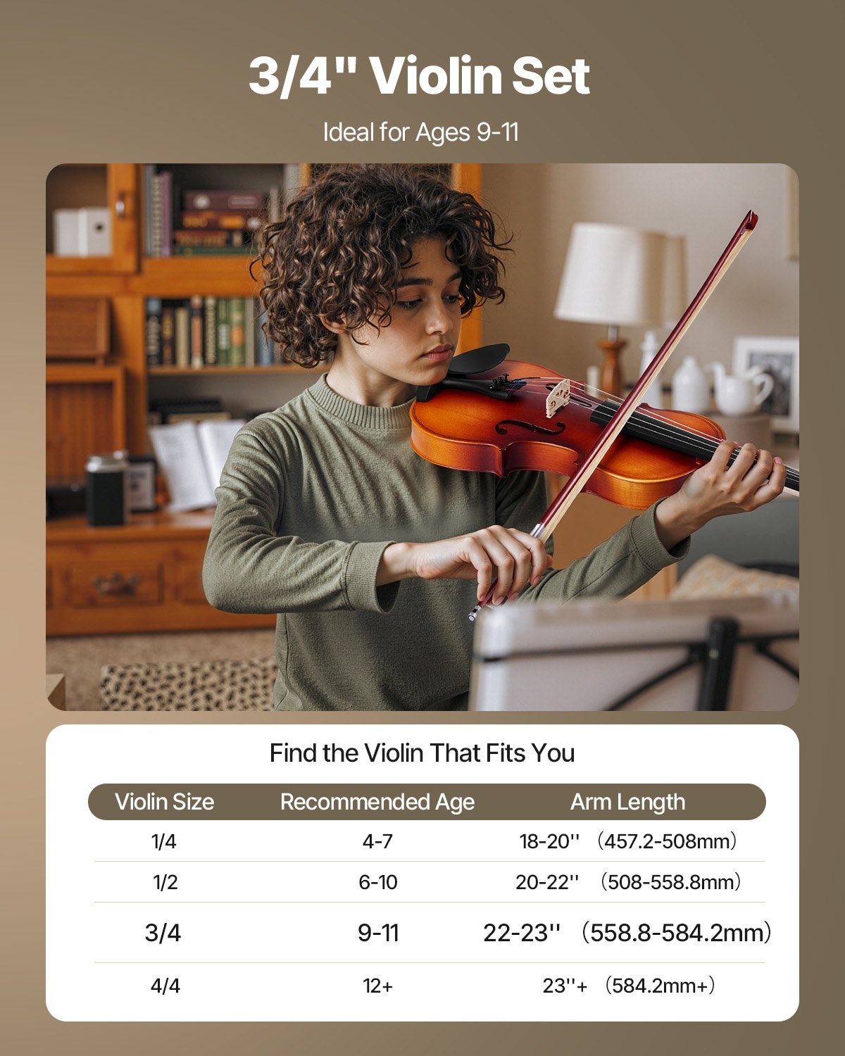 VEVOR 3/4 Size Violin – Age 9-11, Arm Length of 22-23 inches