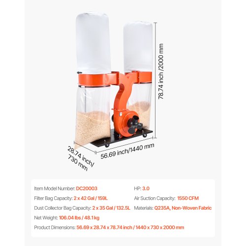 VEVOR Dust Collector, 1550 CFM 2.5 Micron Vortex Cone Dust