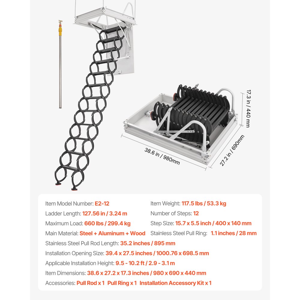 VEVOR Attic Pull Down Stair – 660 lbs, 9.5–10.2 ft Ceilings