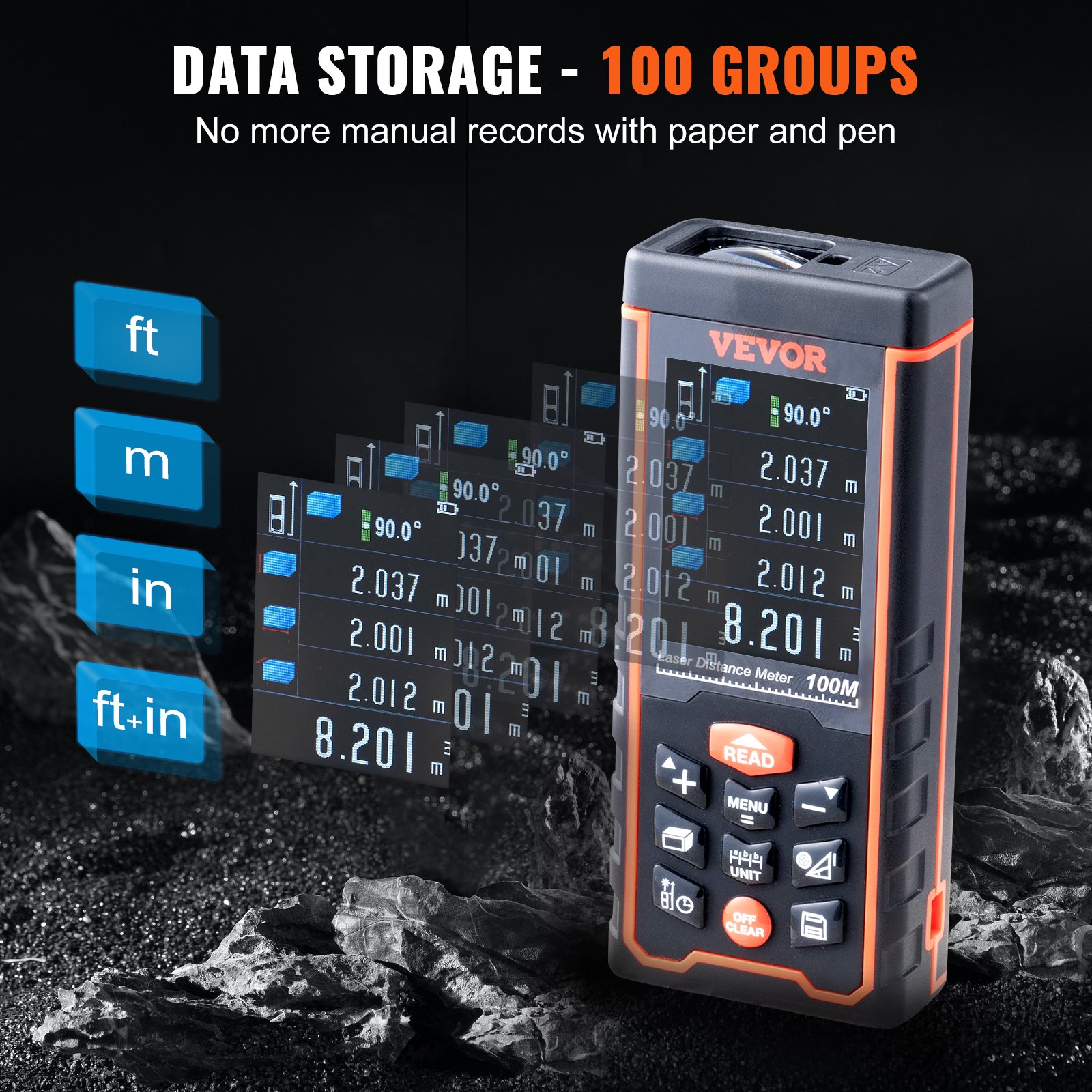 VEVOR Laser Measure, 328 ft, ±1/16'' Accuracy Laser Distance Measure with 100Group Storage, ft