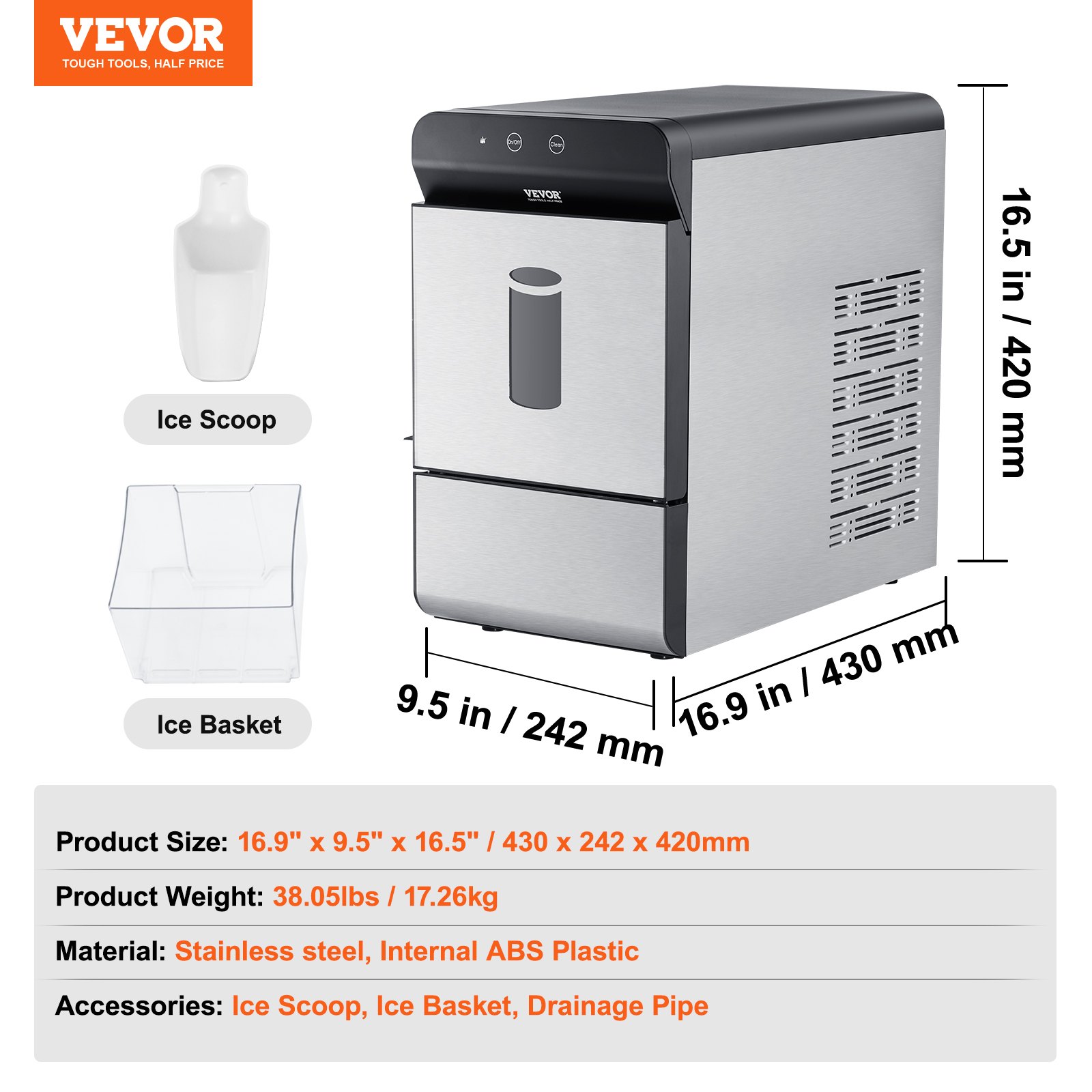 VEVOR Countertop Ice Maker, 37lbs in 24Hrs, Auto Self-Cleaning Portable ...