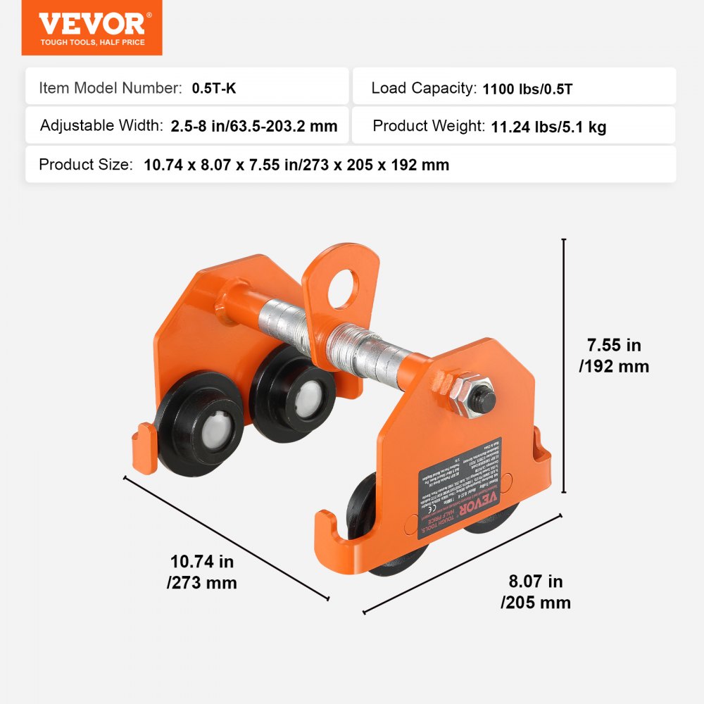 VEVOR Manual Trolley, 1100 lbs/0.5 Ton Load Capacity, Push Beam Trolley ...