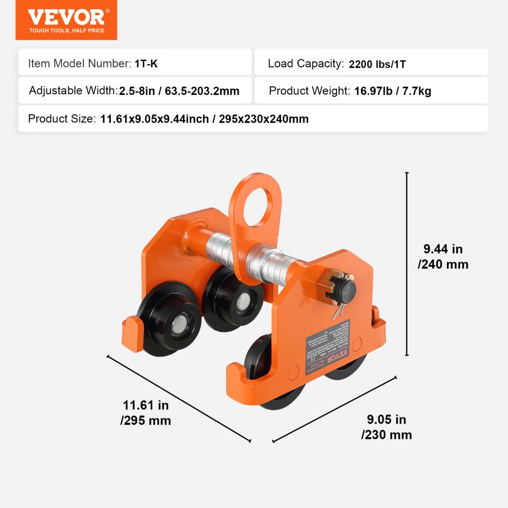 Vevor Manual Trolley, 2200 Lbs 1 Ton Load Capacity, Push Beam Trolley 