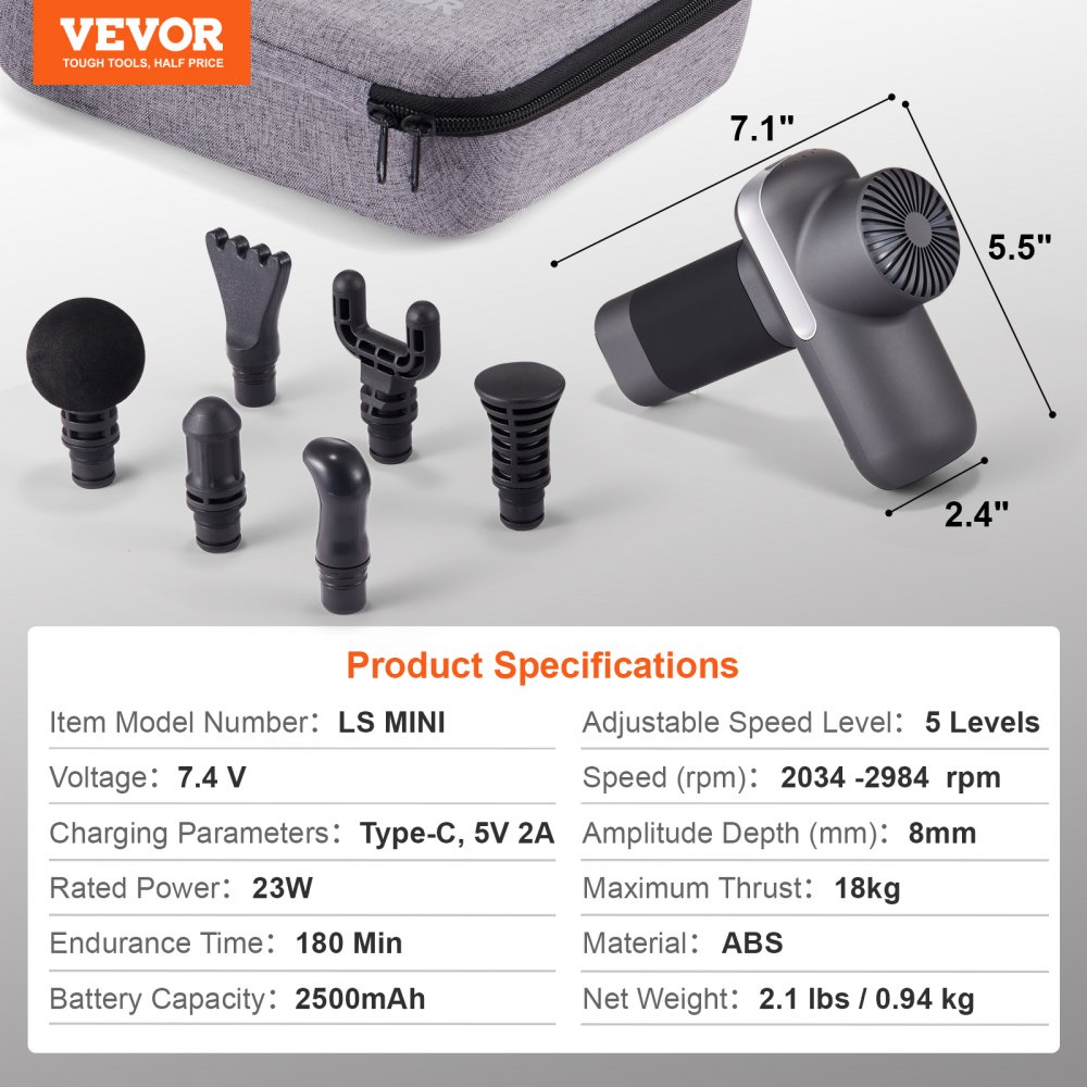 VEVOR Massage Gun Deep Tissue, Percussion Muscle Massager for Athletes - with 8 Speed Levels & 6 Massage Heads, 16V 2500mAh Batteries, Handheld Massage Gun for Pain Relief, Muscle Relaxation - Gray