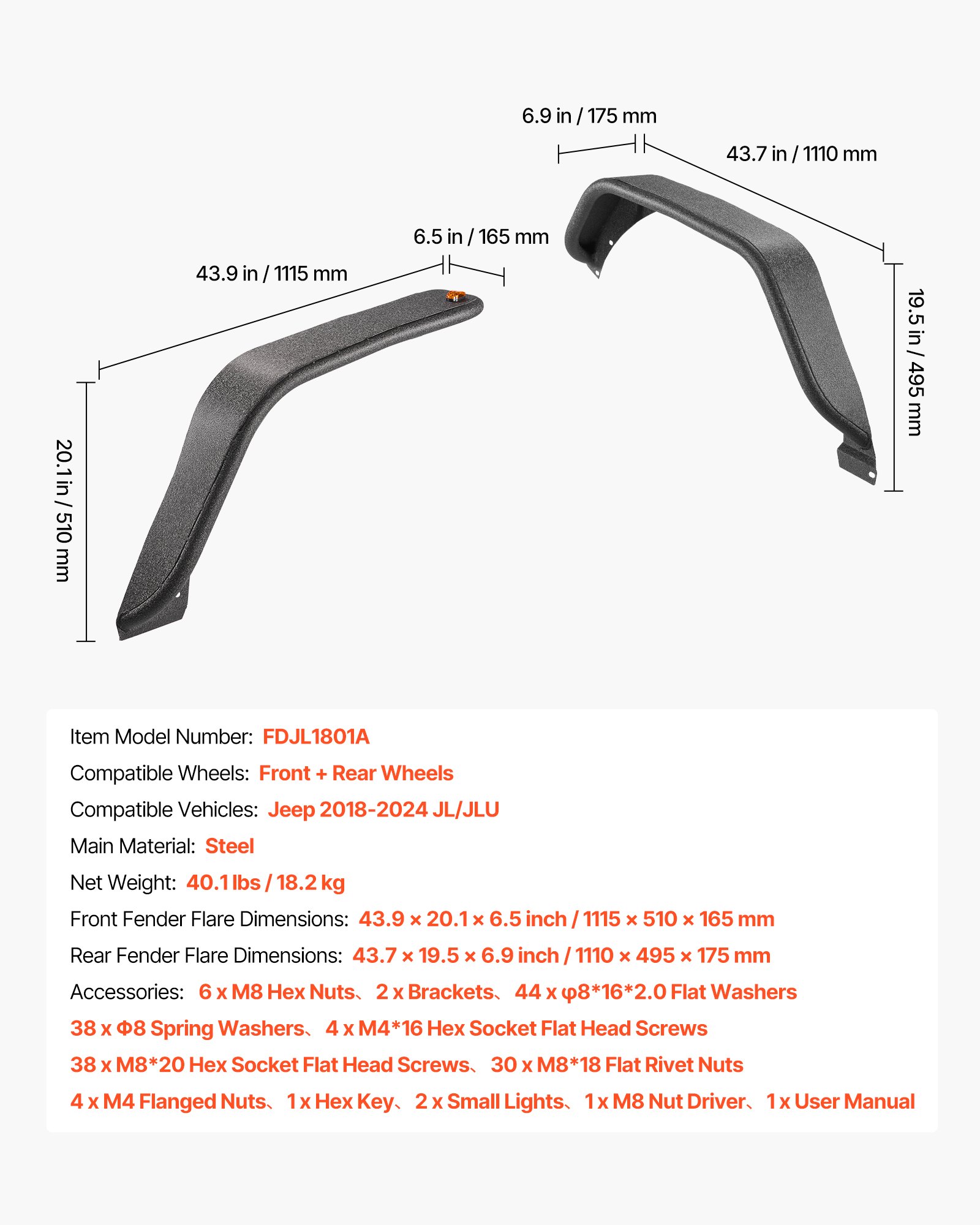 VEVOR Jeep Wrangler Fender Flares – Steel, LED, JL/JLU 2/4
