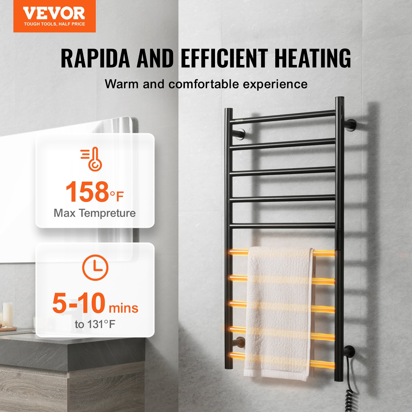 VEVOR 6-Bar Towel Warmer Rack – Wall Mounted, Black Stainless Steel – Heats Up Fast!
